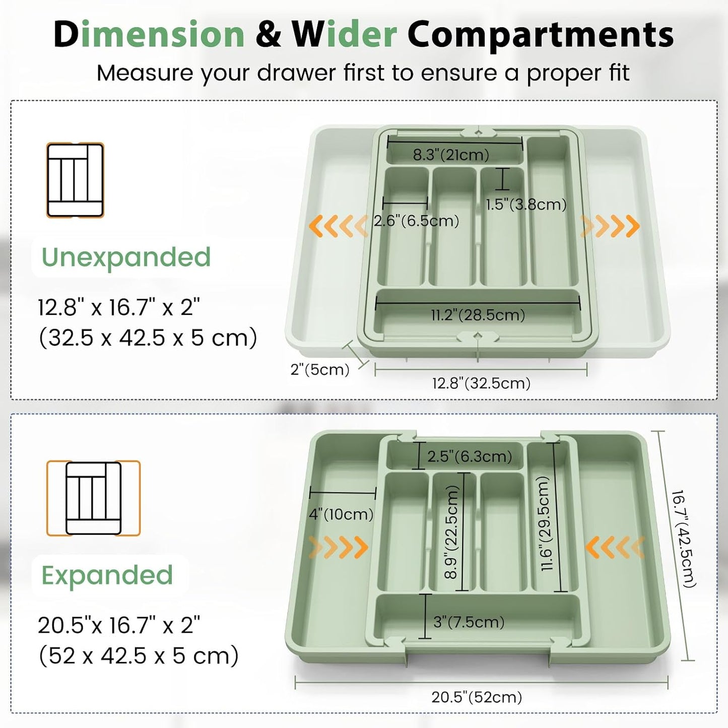 Expandable Silverware Organizer for Kitchen Drawers - BPA-Free Thick Plastic with Wider Compartments and Non-Skid Feet (Sage Green)
