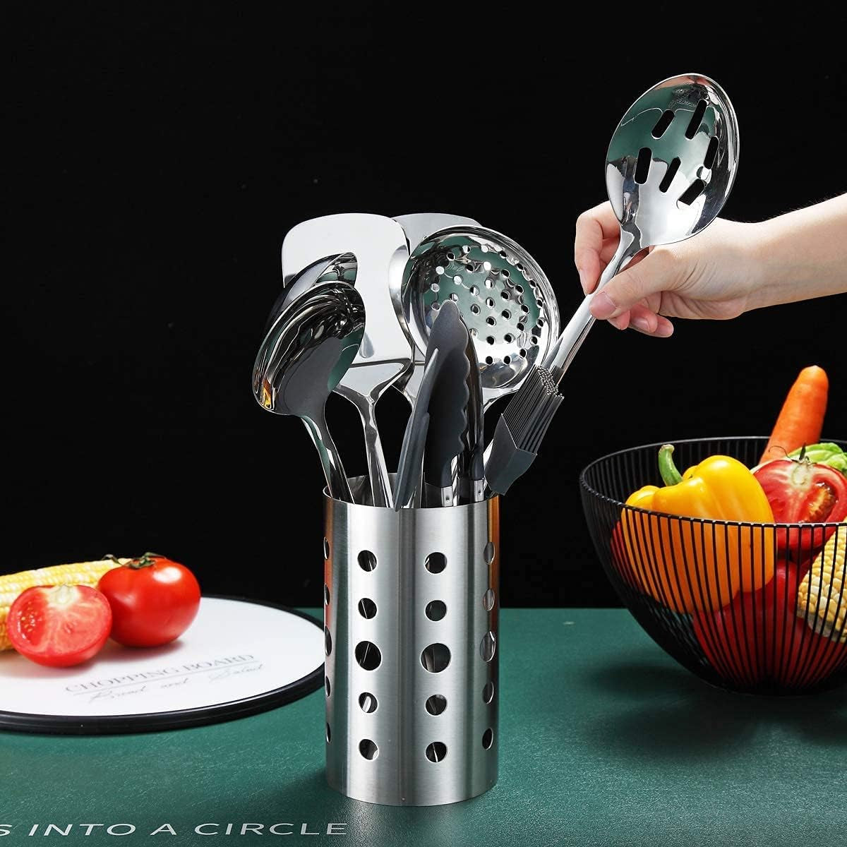 Professional Stainless Steel 13-Piece Cooking Utensils Set with Non-Stick, Heat Resistant Features and Dishwasher Safe Design, Includes Utensil Holder