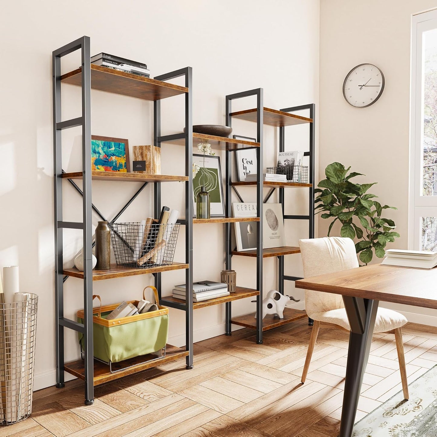 Triple 4-Tier Bookshelf with 11 Open Display Shelves - Wide Bookcase for Home and Office in Rustic Brown Finish