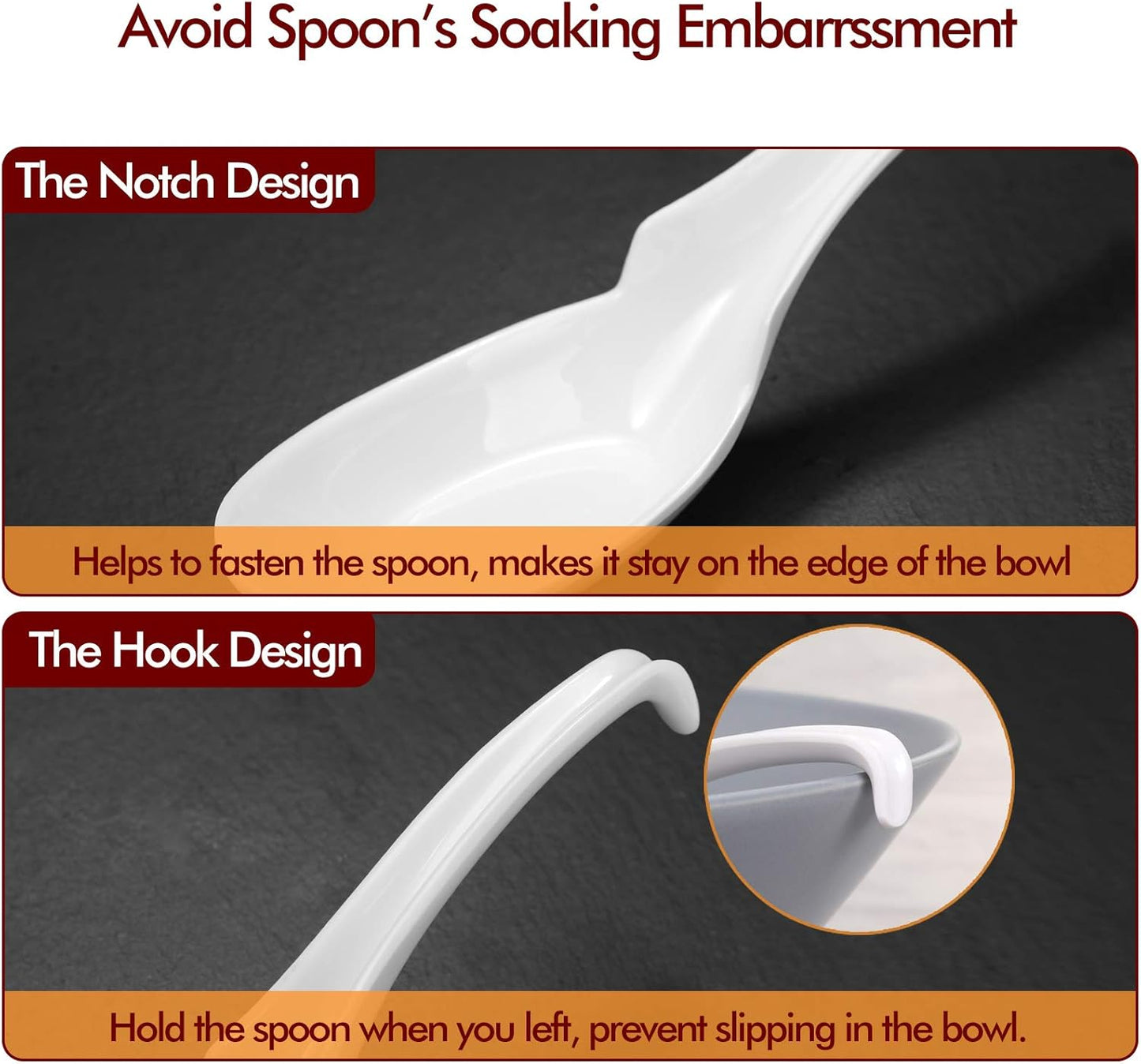 12-Piece Asian Soup Spoons, Rice Spoons, Chinese Won Ton Soup Spoon - Notch and Hook Style, White