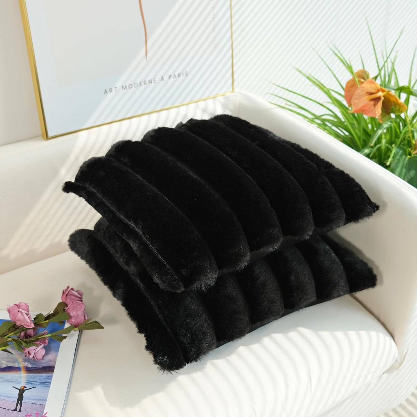 Pack of 2 Faux Fur Plush Decorative Throw Pillow Covers Couch Cushion Case Soft Fluffy Pillowcases Wide Stripe (Black, 18 X 18 Inch)