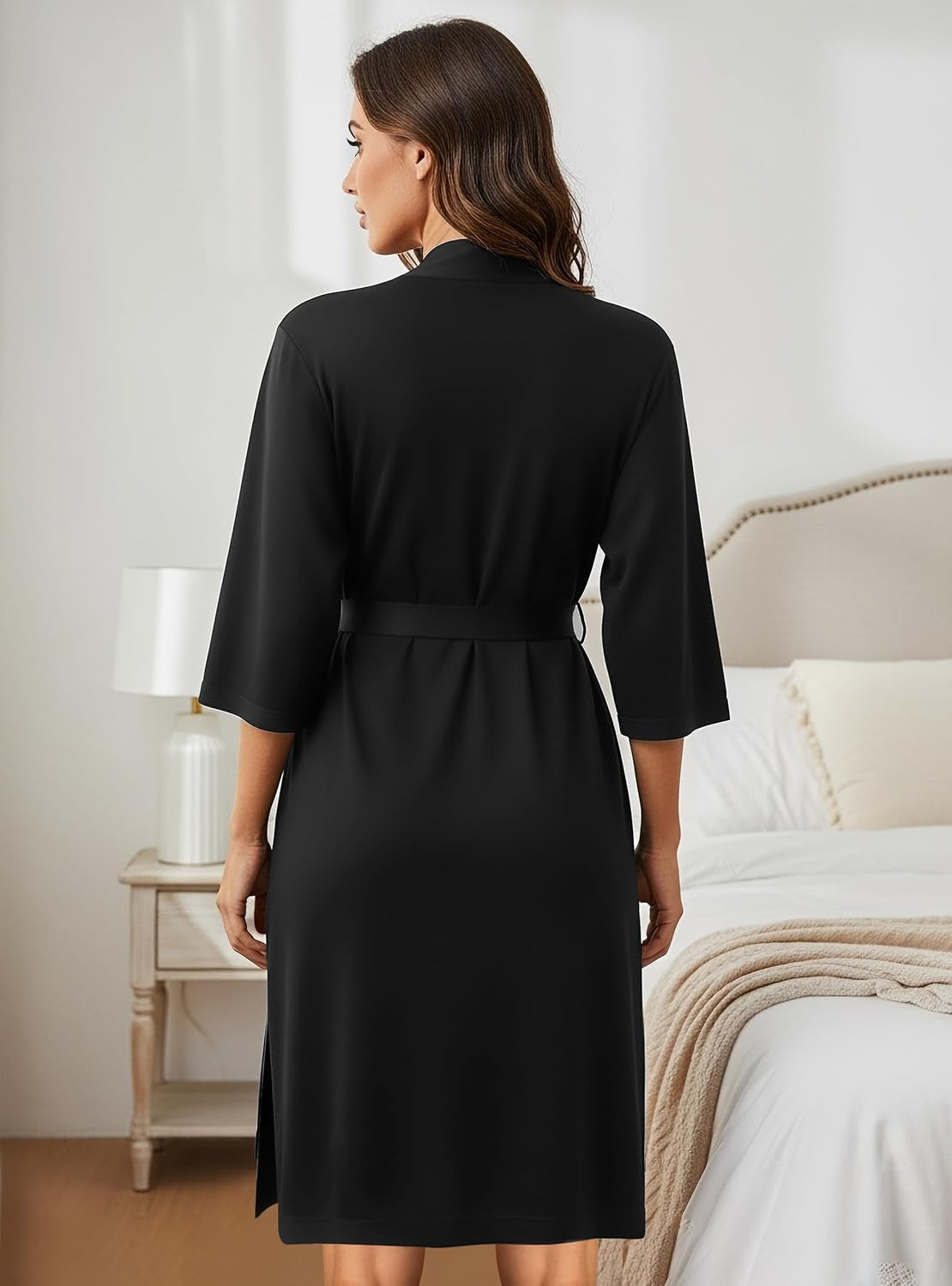 Women'S Robe Long Knit Bathrobe 3/4 Sleeves Soft Kimono Lightweight Loungewear