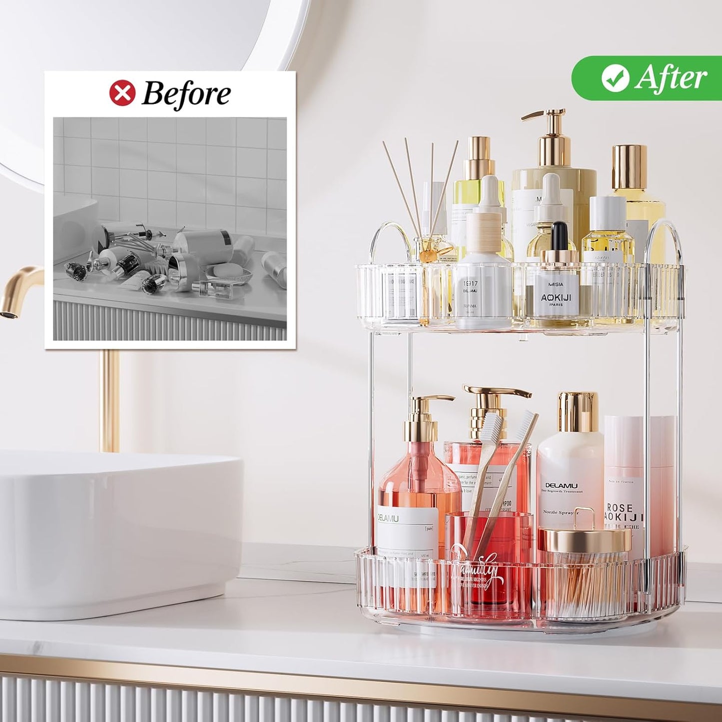 Rotating Bathroom Countertop Organizer, Large Capacity 2-Tier Multi-Function Storage for Cosmetics, Skincare, and Perfume. Makeup Organizer Countertop Ideal for Dresser, Bathroom,Vanity, Clear