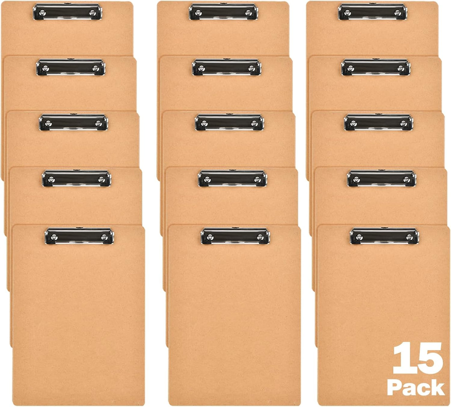15 Pack Mini Clipboards, 6 X 9 Inches A5 Small Clipboards, Wood Hardboard Memo Size Low Profile Clip with Hang Tab for Home, Office, School Classroom Supplies, Brown