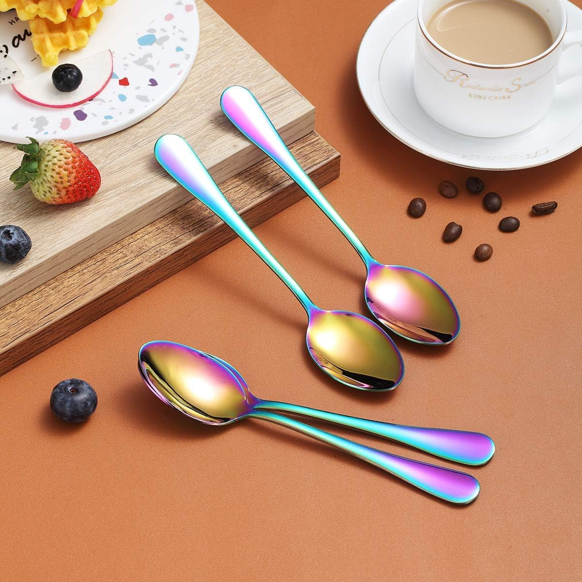 Set of 4 Rainbow Teaspoons, 6.5" Stainless Steel with Titanium Plating, Multi-Color Dessert Spoons, Easy to Clean and Dishwasher Safe