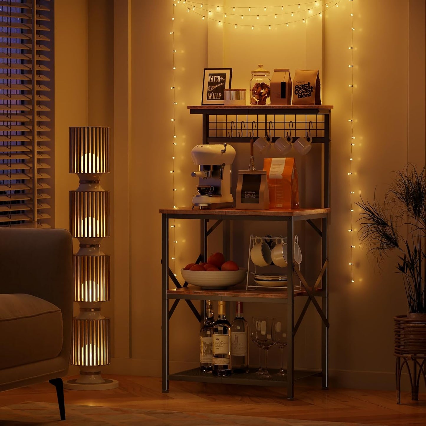 Kitchen Bakers Rack with Hutch, Coffee Bar Station 4 Tiers, Microwave Oven Stand with 6 S Hooks and Pegboard, Kitchen Microwave Rack for Spice Organizer Workstation, Rustic Brown