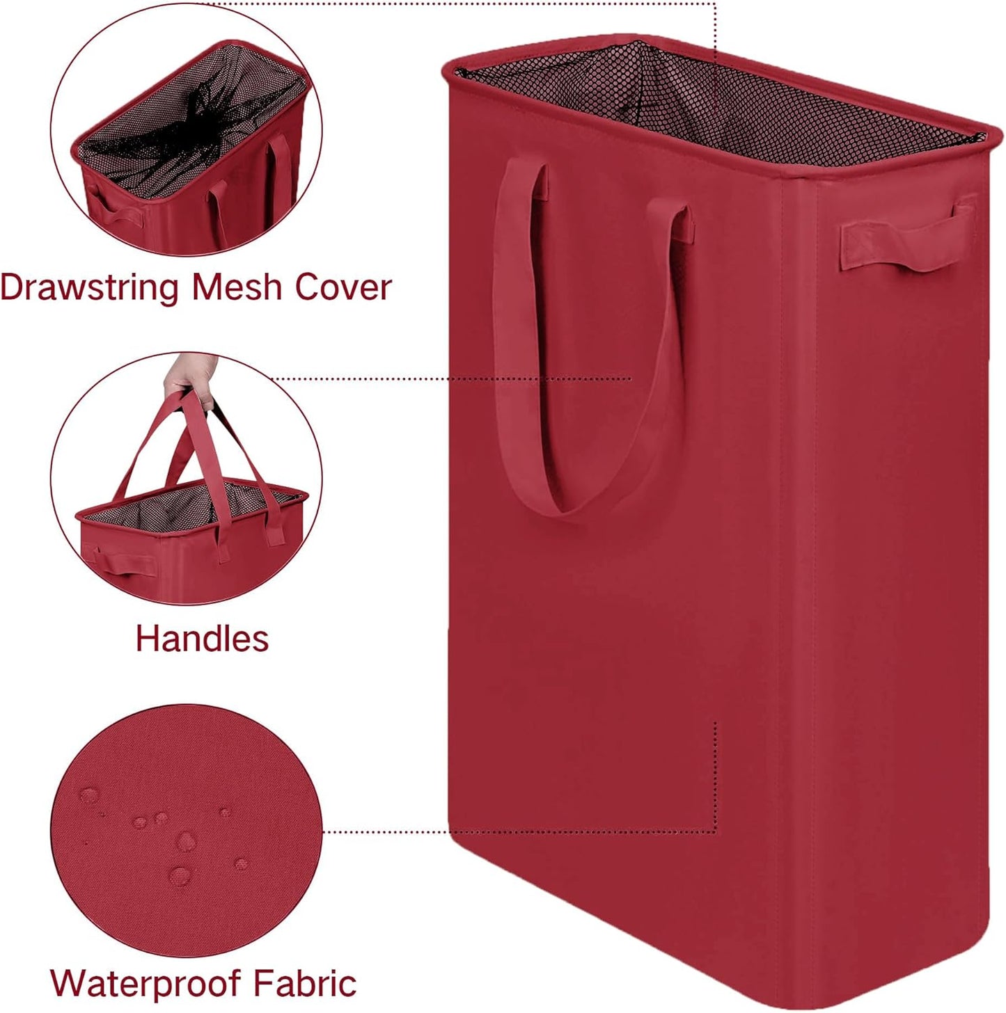 Slim Laundry Basket, Narrow Laundry Hamper with Handles, Collapsible Dirty Clothes Hamper, Tall Laundry Bin for Laundry Room, Dorm and Bedroom, 48L (12.7 Gallon) Burgundy Red