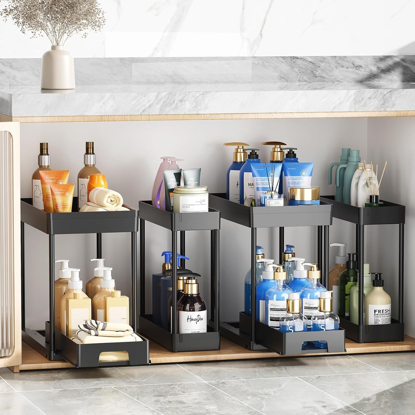 4 Pack under Sink Organizers and Storage, 2 Tier Black Bathroom Cabinet Organizer, Multi-Use Kitchen Bathroom Organizers and Storage