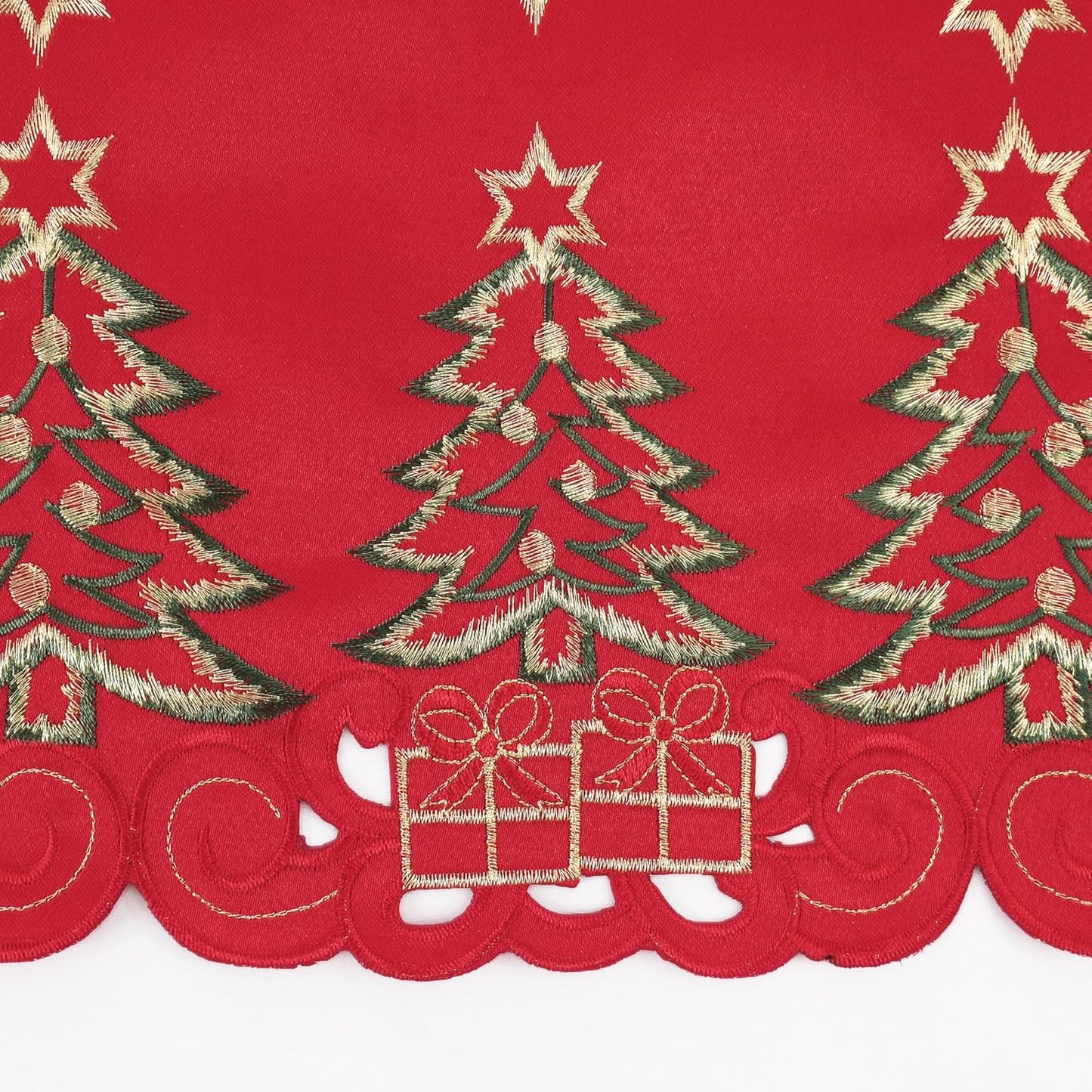 Red Christmas Table Runner 13X36 Inches Long, Embroidered Cutwork Christmas Table Runner with Green Christmas Tree and Gifts, Xmas Tree Dresser Scarf Winter Holiday Parties Kitchen Dinner