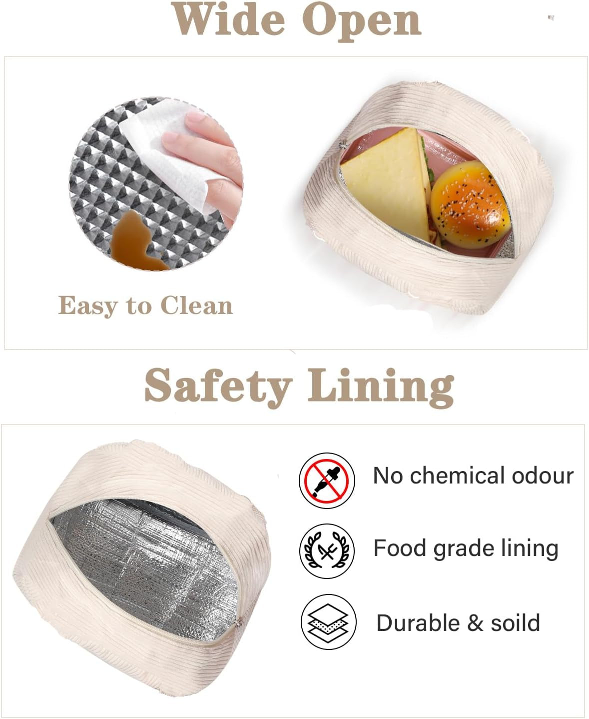 Cute Lunch Box Tote Bag - Corduroy Insulated Cooler Bags for Women - Lightweight Reusable Portable Soft Lunch Pail Kit for Kids Teen Girl Adults Work School Picnic Travel White 8L