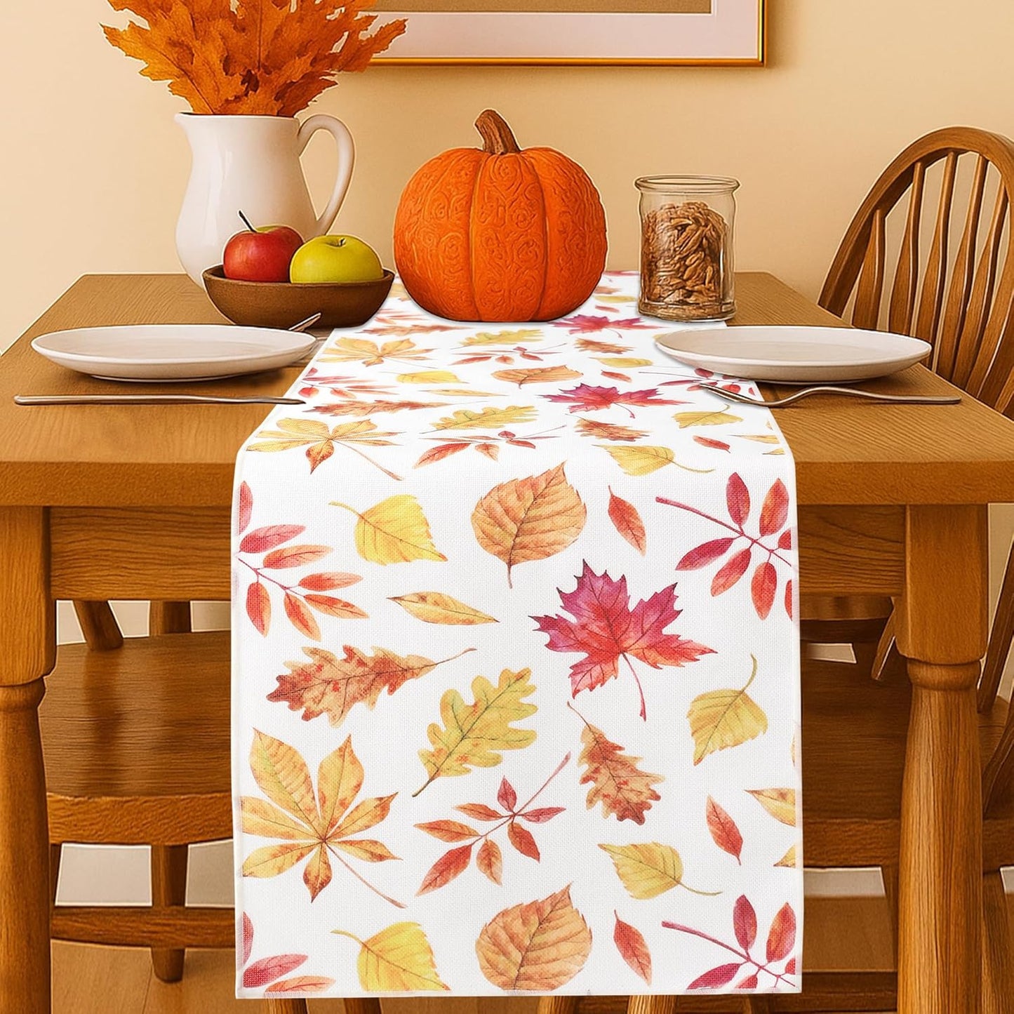 Fall Table Runner for Kitchen Dining Table, Thanksgiving Autumn Printed Harvest Pumpkins Maple Leaves Textured Fabric Halloween Holiday Home Decorations, Water-Proof, Washable, 13" W X 36" L