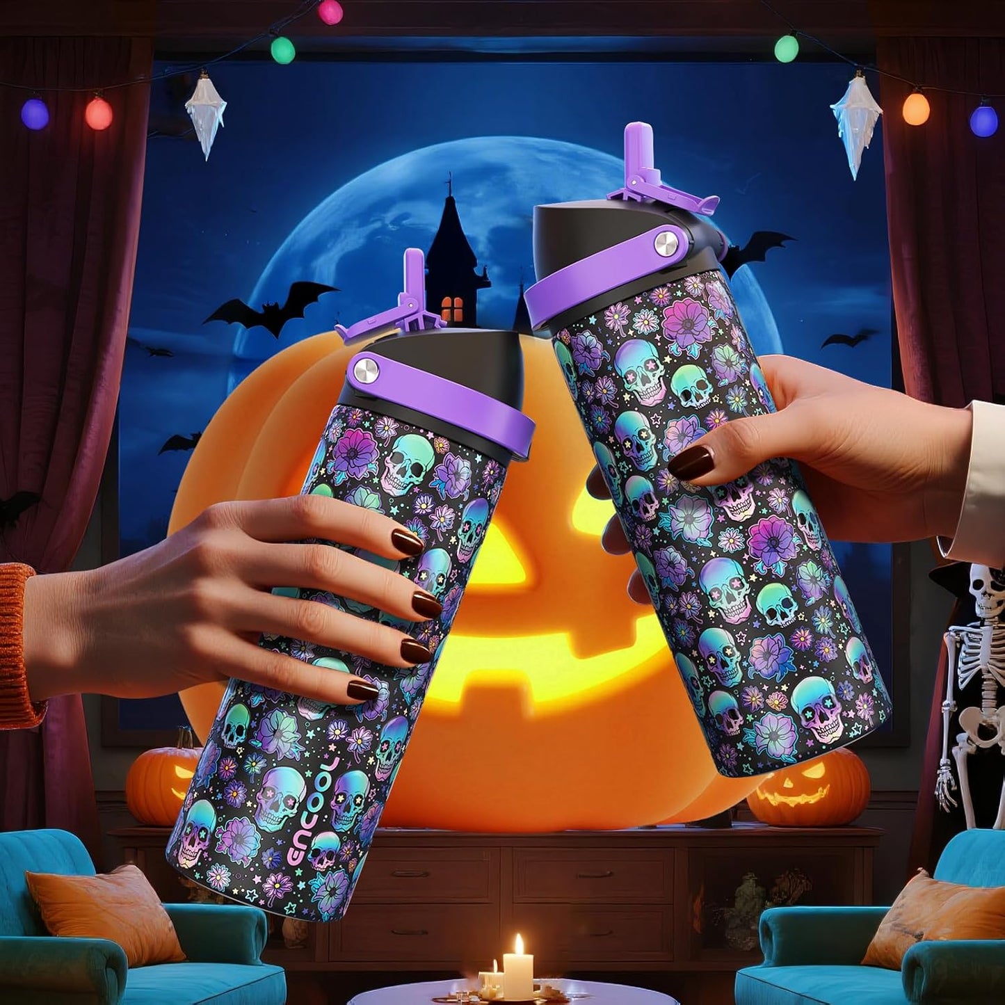 Halloween Insulated Water Bottle with Straw - Stainless Steel Water Bottle with Push Button Lid, Leak-Proof Bpa-Free, Keeps Cold for 24 Hours for Halloween Gifts, Party (32 Oz, Floral Afterlife)