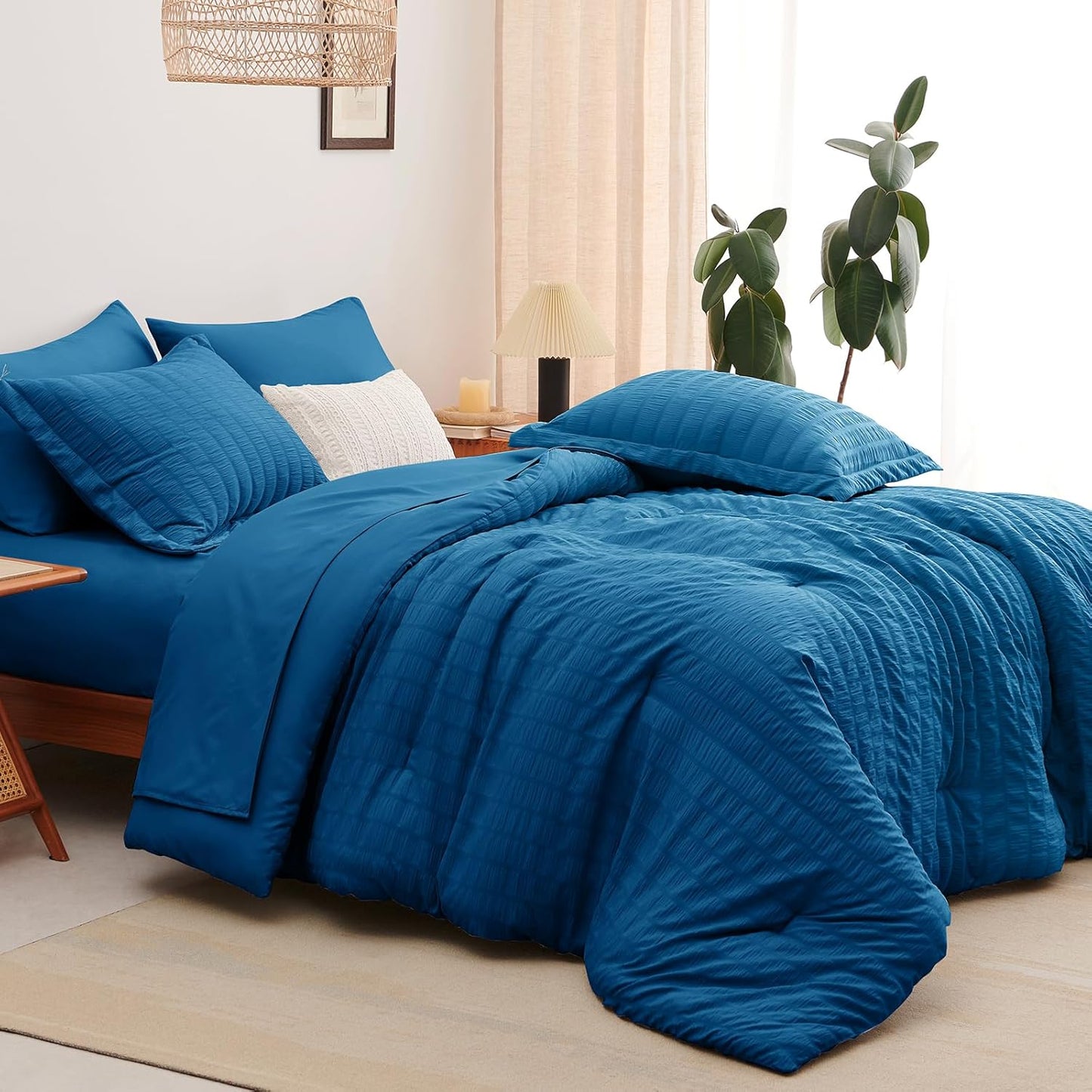 Full Seersucker Comforter Set with Teal Bed in a Bag 7-Pieces All Season Bedding Sets with Comforter, Pillow Sham, Flat Sheet, Fitted Sheet, Pillowcase
