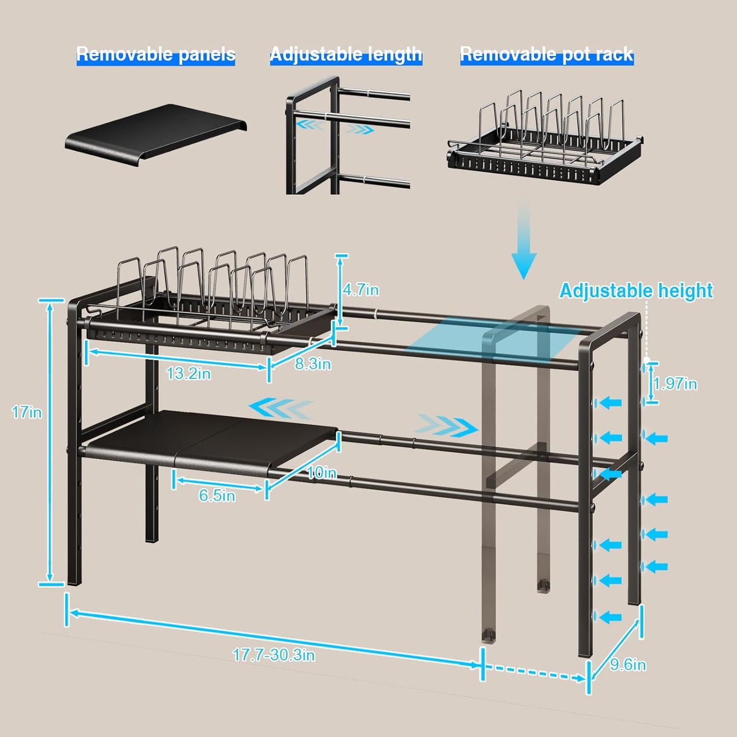 Pots and Pans Organizer under Cabinet, Expandable 2 Tier under Sink Organizers and Storage Adjustable Height Kitchen Pot and Pan Lid Holder Rack with 12 Dividers under Cabinet Shelf(Black)