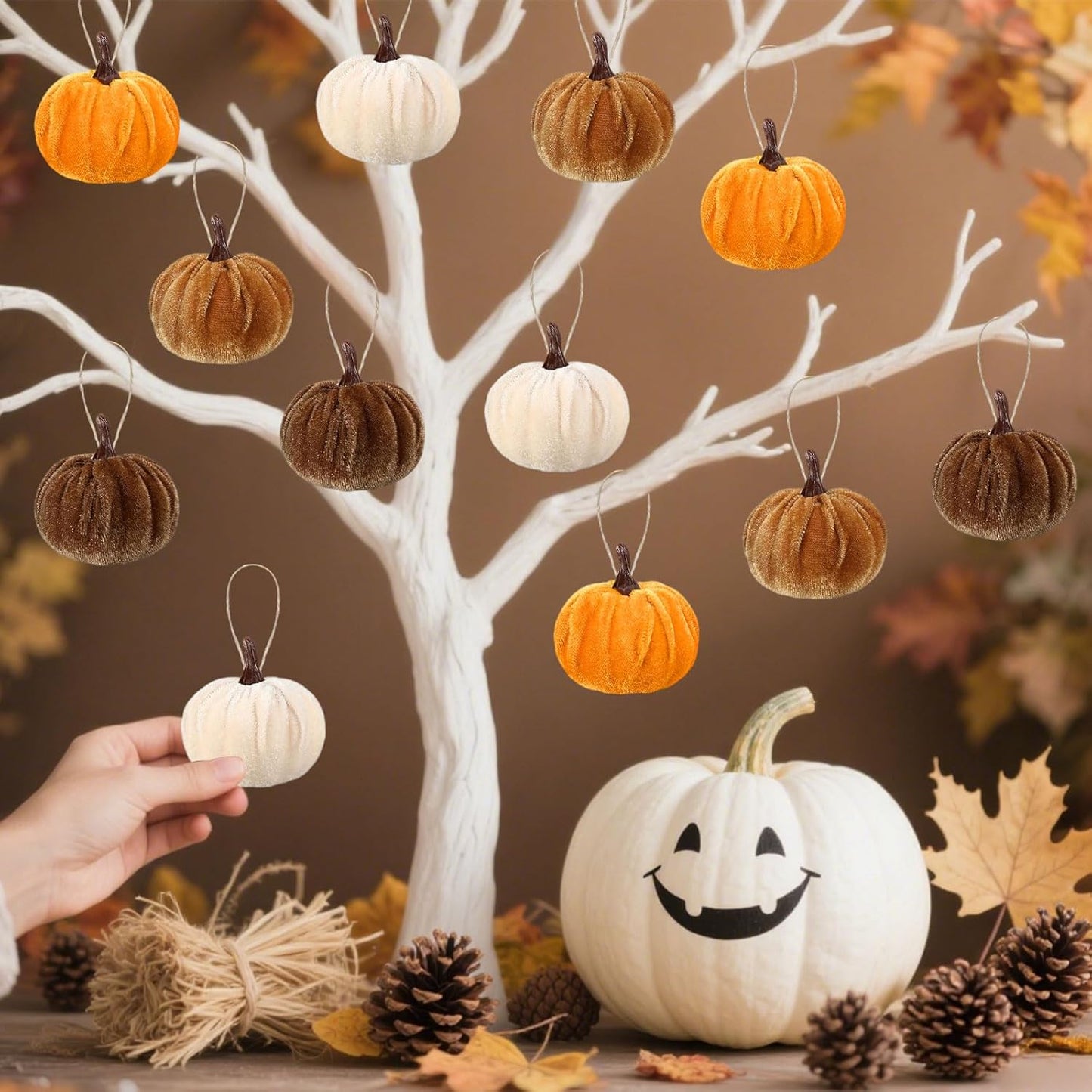 12 Pcs Velvet Pumpkins Fall Thanksgiving Pumpkins Hanging Ornaments Fall Tree Decorations Orange White Brown Velvet Wrapped Pumpkin Ball Decor with Hemp Rope for Thanksgiving Party Tree Farmhouse Home