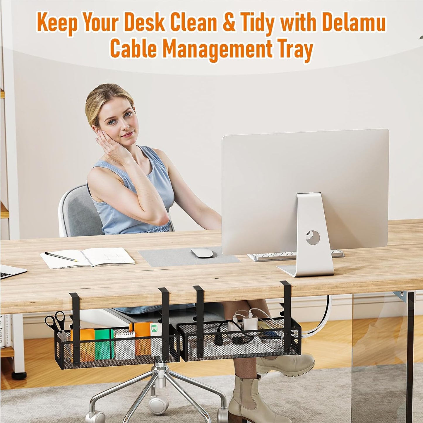 under Desk Cable Management Tray - Cable Management Tray No Drill with F-Clamp Design, Metal Mesh Cord Organizer, Sturdy Wire Organizers for Cords for Home Office Standing Desk, Black