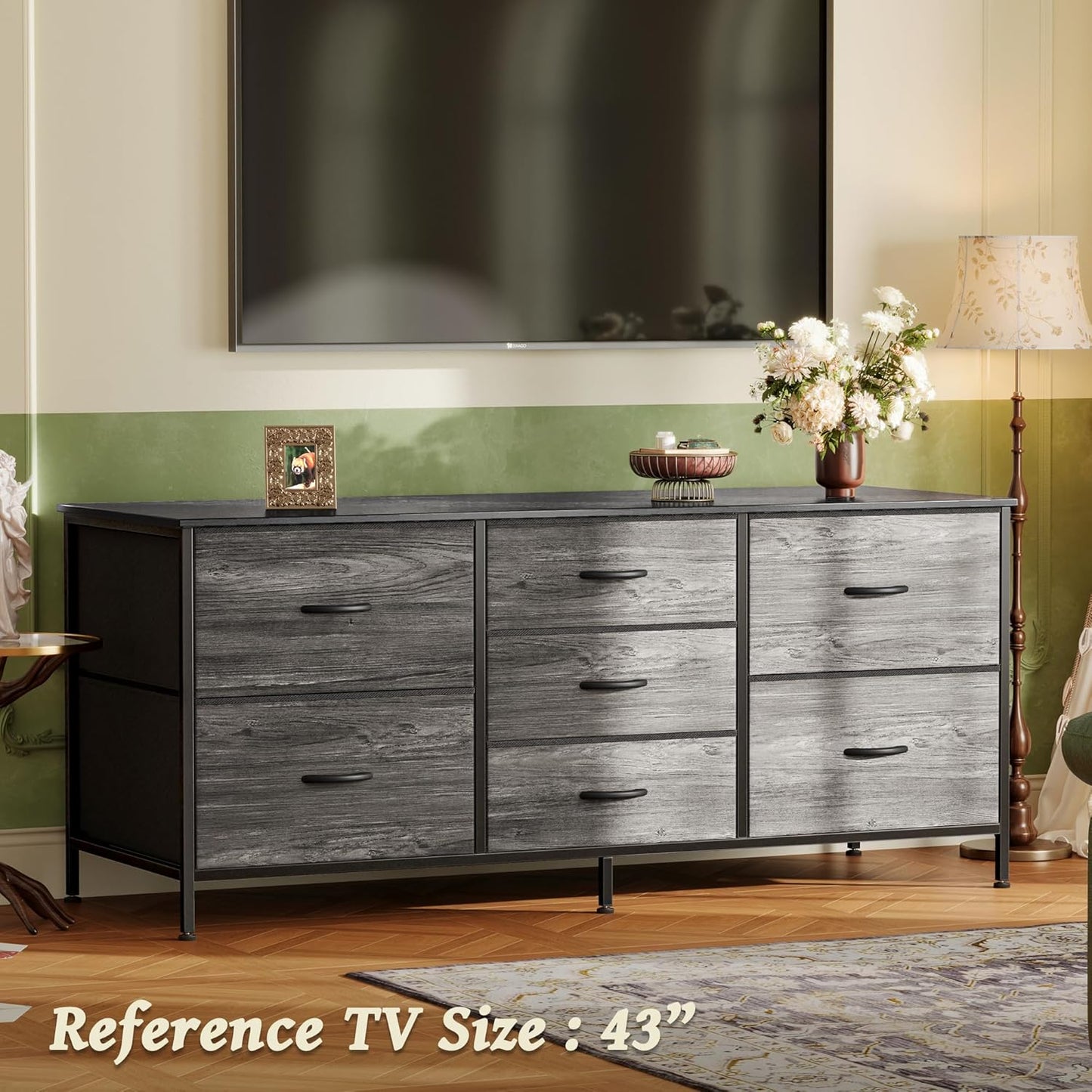 7-Drawer Fabric Dresser and 47-Inch TV Stand for 43-55 Inch TVs, Wide Chest of Drawers for Bedroom Storage, Metal Frame, Grey