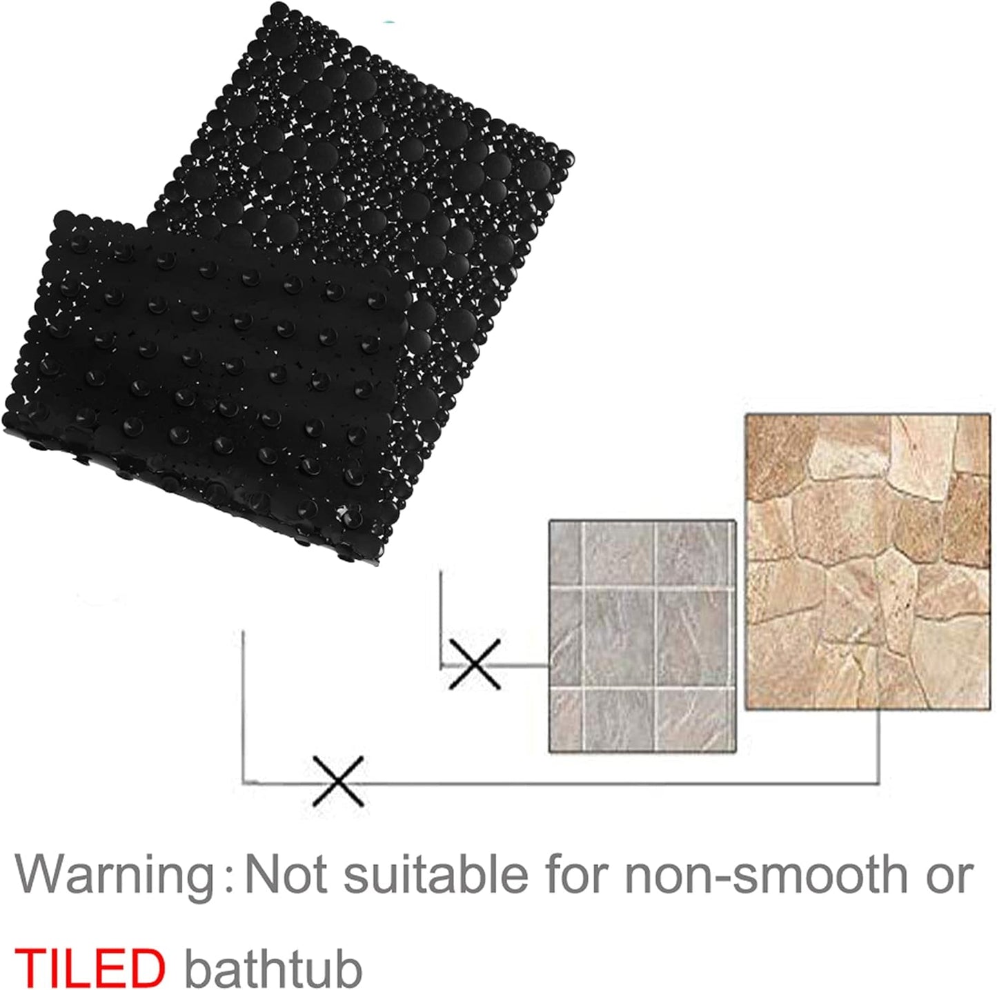 Extra Long Pebble Bath Tub Shower Mat 34.2 X 15.7, Bathmat Non-Slip with Suction Cups, Machine Washable, Bathroom Mats, Smooth/Non-Textured Surface Only (34.2" X 15.7", Black)