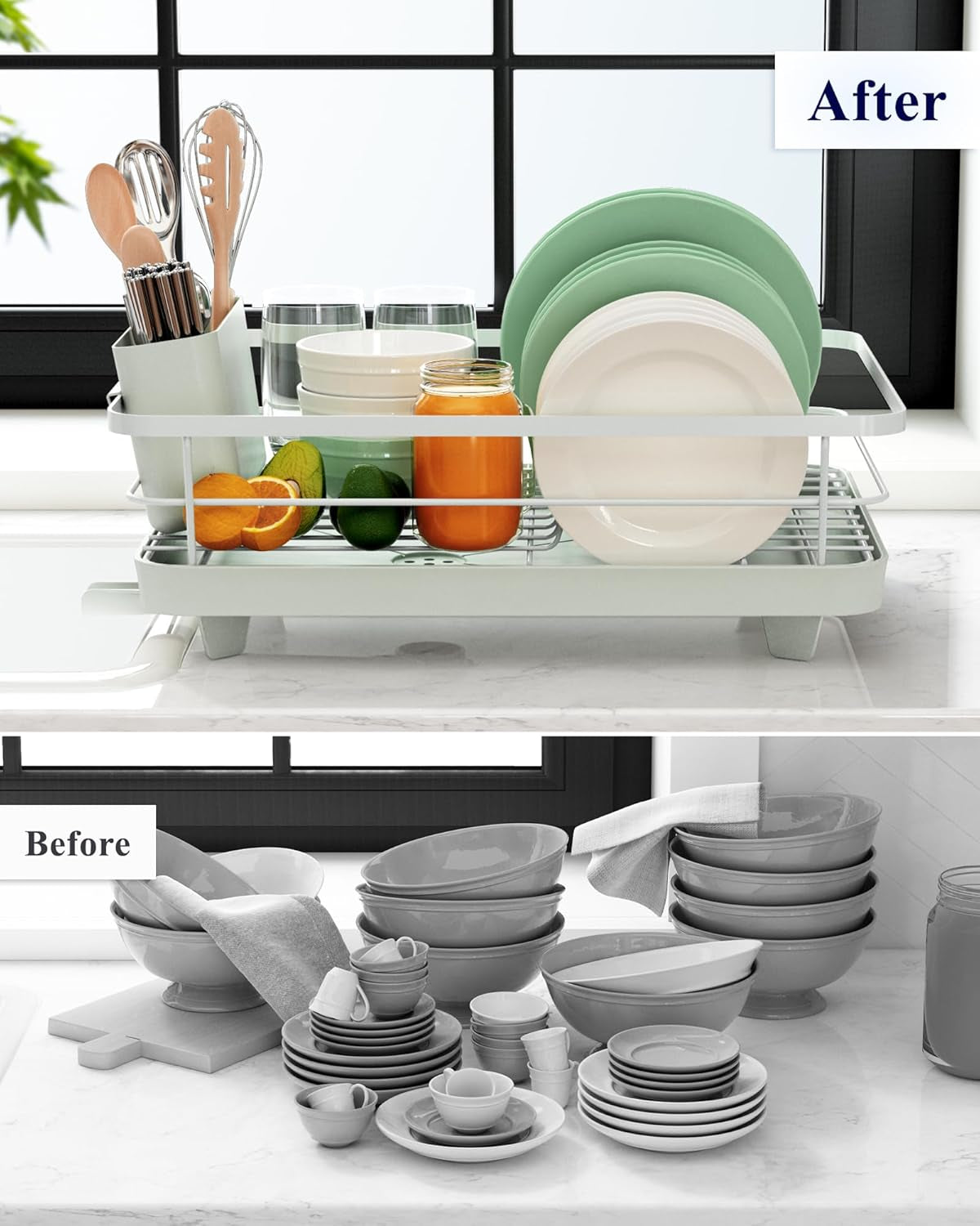 Dish Drying Rack for Kitchen Counter, Stainless Steel Sink Organization and Storage Essentials with Cutlery Holder, Home and Appartment Decor, 12''W X 15.5''L, Light Grey