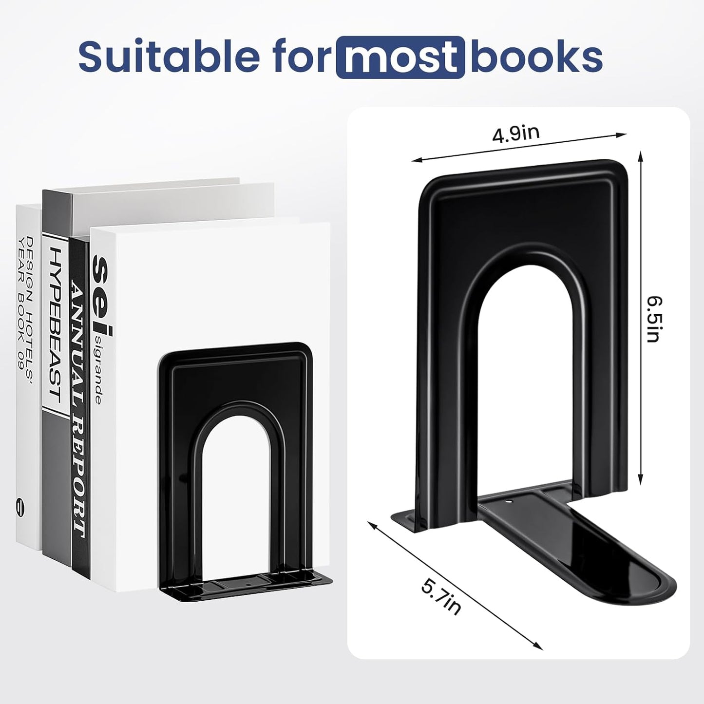 Book Ends, Metal Bookends for Shelves, Non-Skid Book End to Hold Books, Black Book Stopper/Holder for Office Home Kitchen, 5.7X 4.9 X 6.5 In, 3 Pair(6 Pcs, Large)