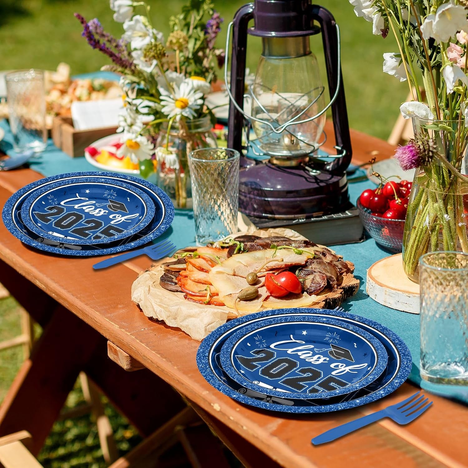 50 SET Graduation Plates and Napkins 2025 and Forks, Blue Graduation Paper Plates Class of 2025, Disposable Blue Plate and Napkins Party Supplies Decorations Class of 2025