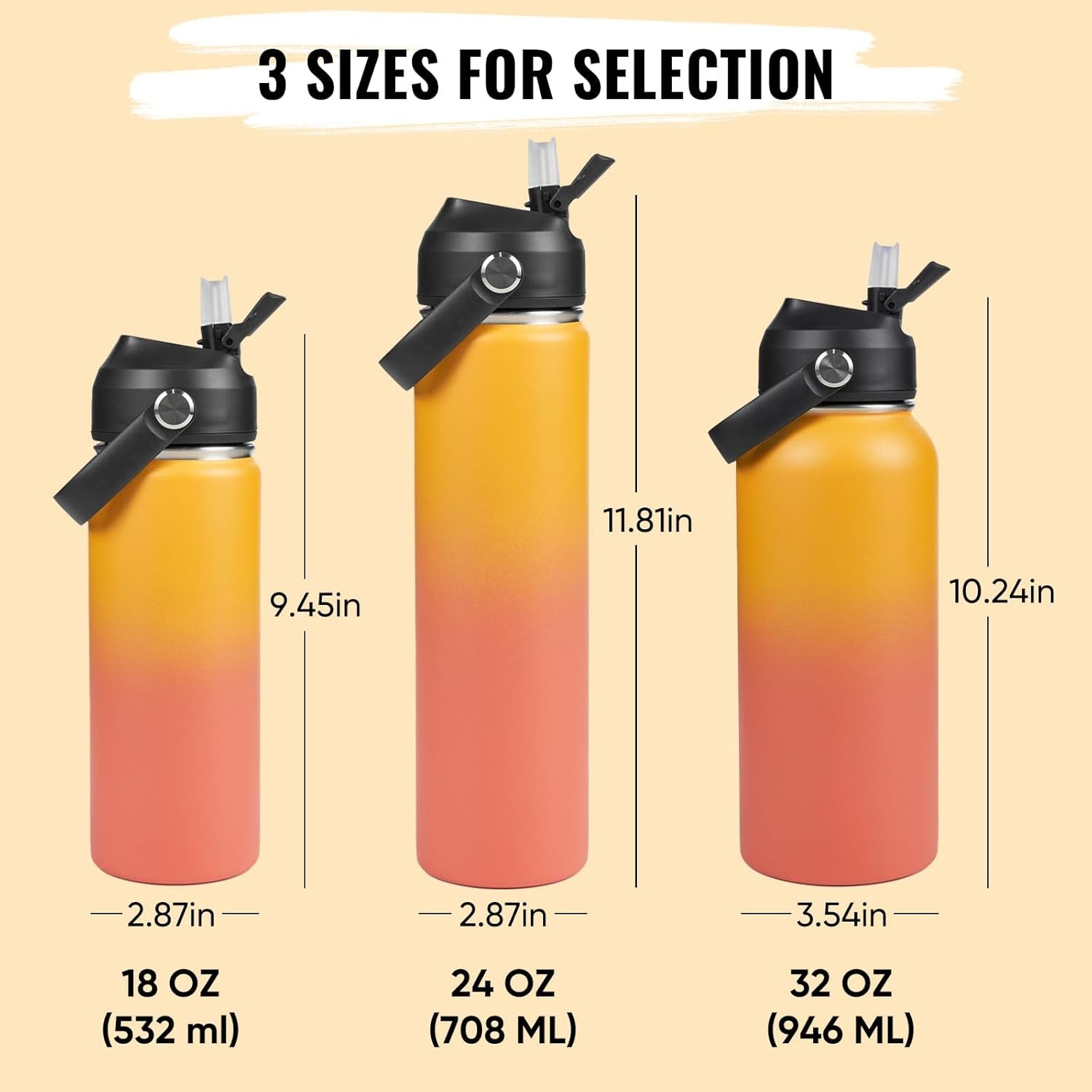 18Oz Insulated Stainless Steel Water Bottle, Wide Mouth Double Wall Vacuum, Silicone Straw, Sweat & Leak Proof, BPA Free Insulated Water Flask for Travel, Keep Cold 24H Hot 12H, Orange