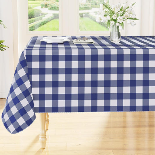 Waterproof Vinyl Rectangle Tablecloth with Flannel Backing, Wipeable Buffalo Plaid Design for Indoor and Outdoor Dining (Navy & White, 60" x 84")