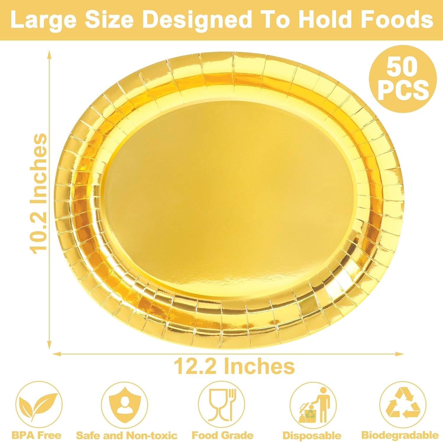 50 Pcs Gold Foil Paper Plates, 12.2'' X 10.2'' Oval Large Paper Plates, Dinner Plates Party Decorations Disposable Plates for Birthday Wedding Picnic Graduation Ceremony Anniversary Daily Use