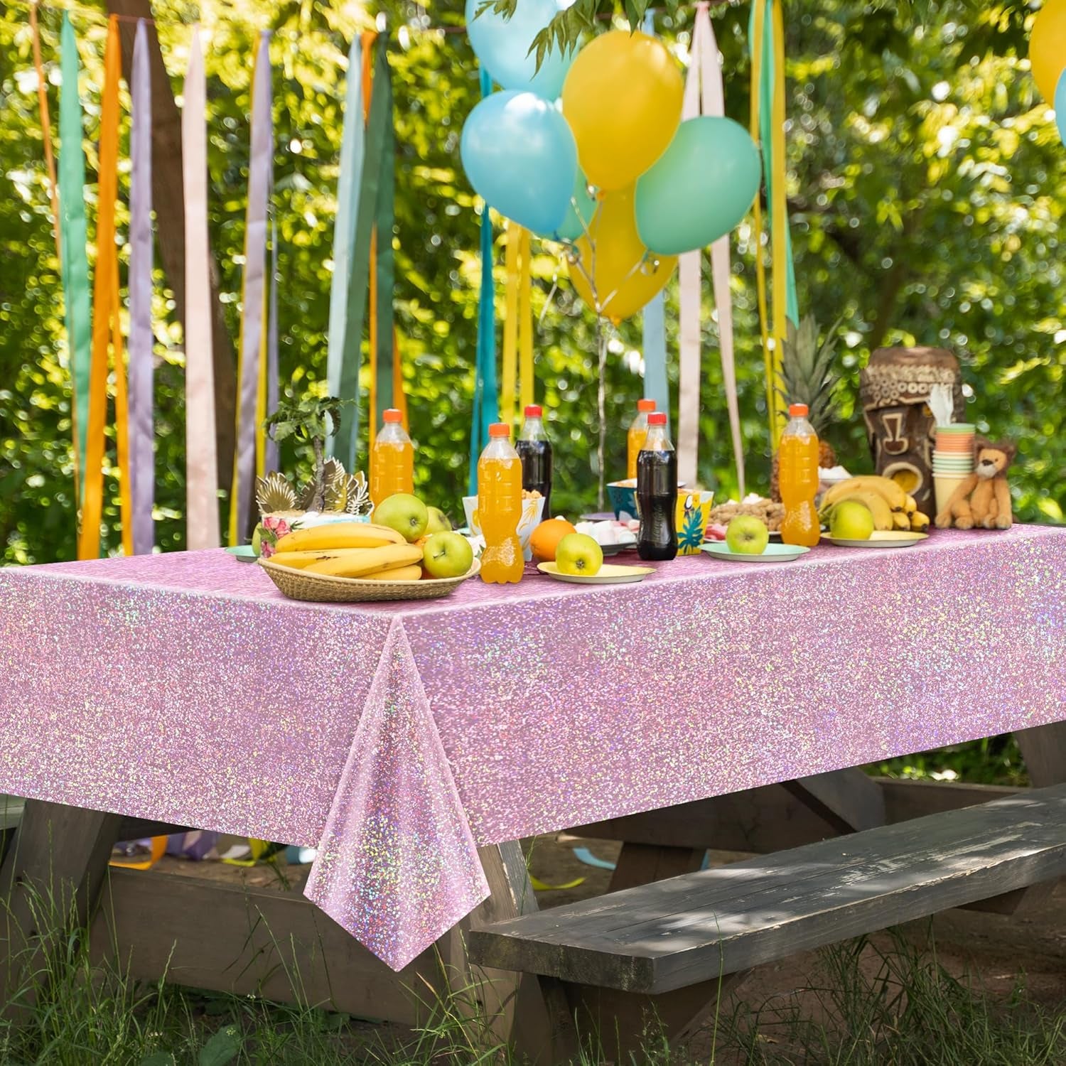 8-Piece Set of Pale Pink and Green Holographic Tablecloths, 40" x 108", Iridescent Plastic Table Decor for Birthday and Bachelorette Celebrations