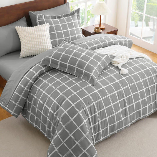 Queen Comforter Set with Sheets - 7 Pieces Plaid Bed in a Bag Set Grey, Soft Queen Bedding Sets Bed Set with All Season Quilted Comforter, Flat Sheet, Fitted Sheet, Pillowcases & Pillow Shams