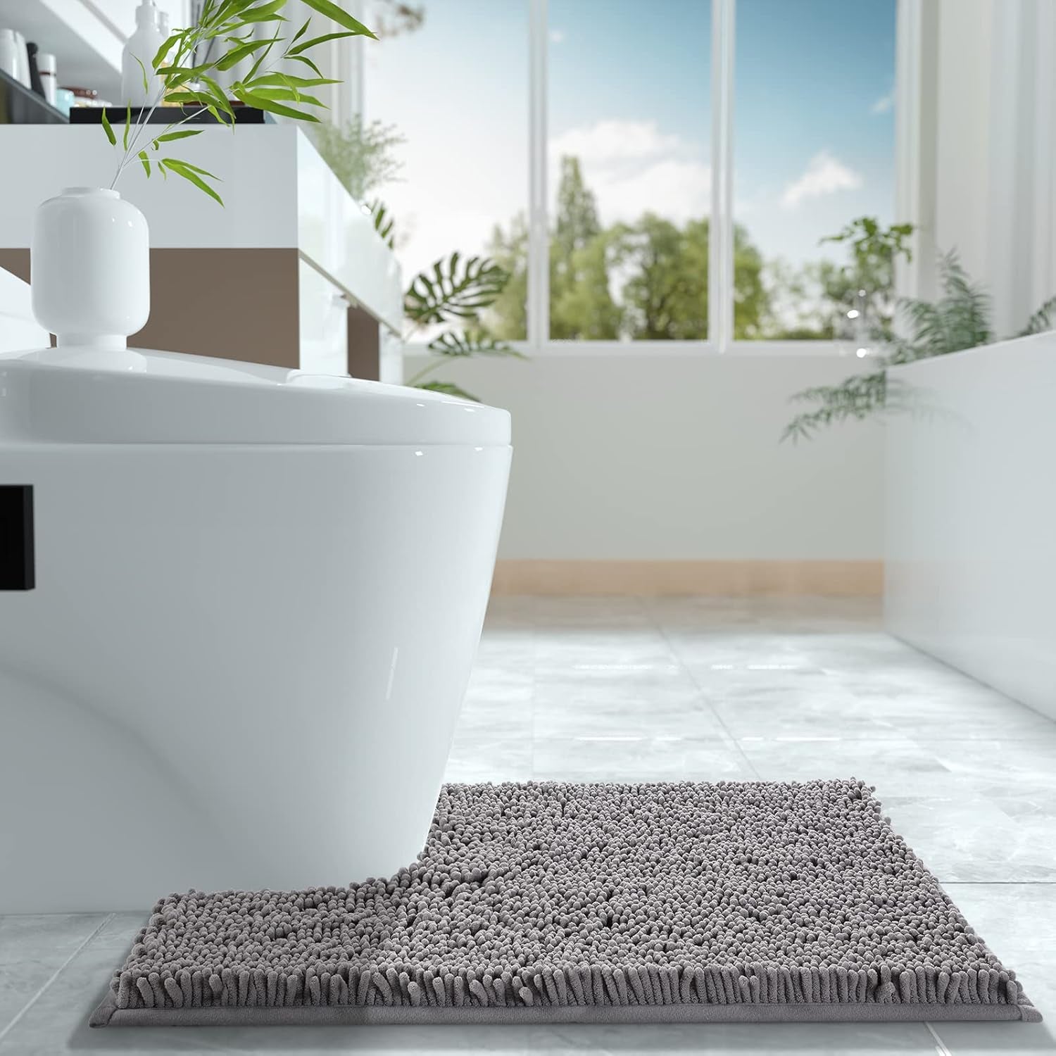 Luxury Shaggy Toilet Bath Mat U-Shaped Contour Rugs for Bathroom, 24.4 X 20.4 Inches, Soft and Comfortable, Maximum Absorbent, Dry Quickly, Non-Slip, Machine-Washable,Grey