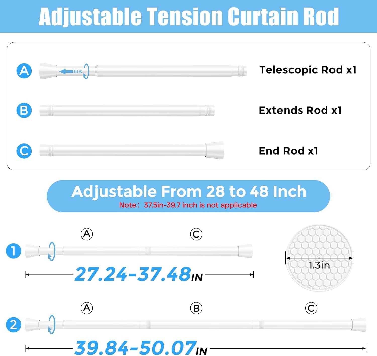 Tension Curtain Rod Spring Tension Rods for Windows 28 to 48 Inch, No Drilling, 7/8" Diameter, White Adjustable Curtain Rod, Small Shower Curtain Rod for Bathroom, Doorway, Closet, Kitchen