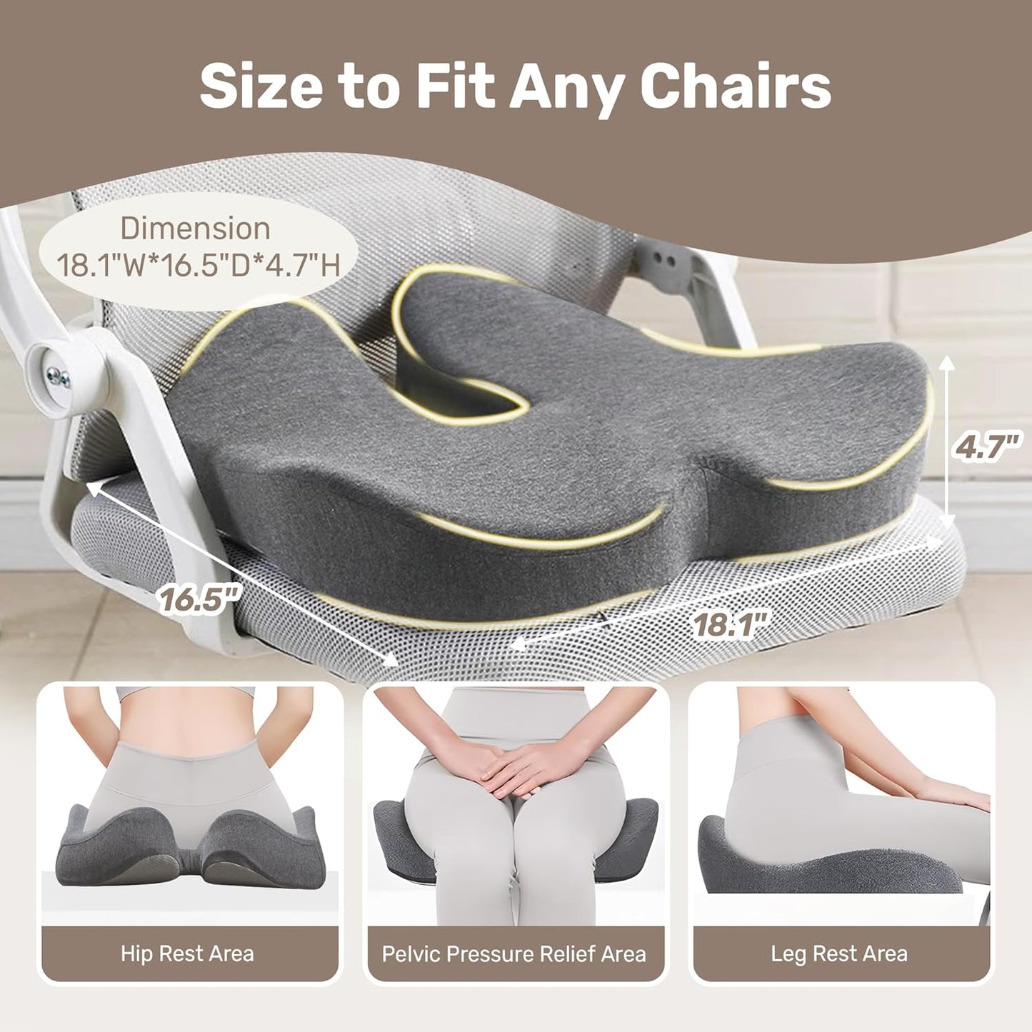 X Large Seat Cushions, 1 Pack Gel Memory Foam Office Chair Pads with Non-Slip Backing, Eligible Tailbone Pain Relief Cushion, Hip Warp Shape Washable Chair Cushions, 24" X 16" X 4"