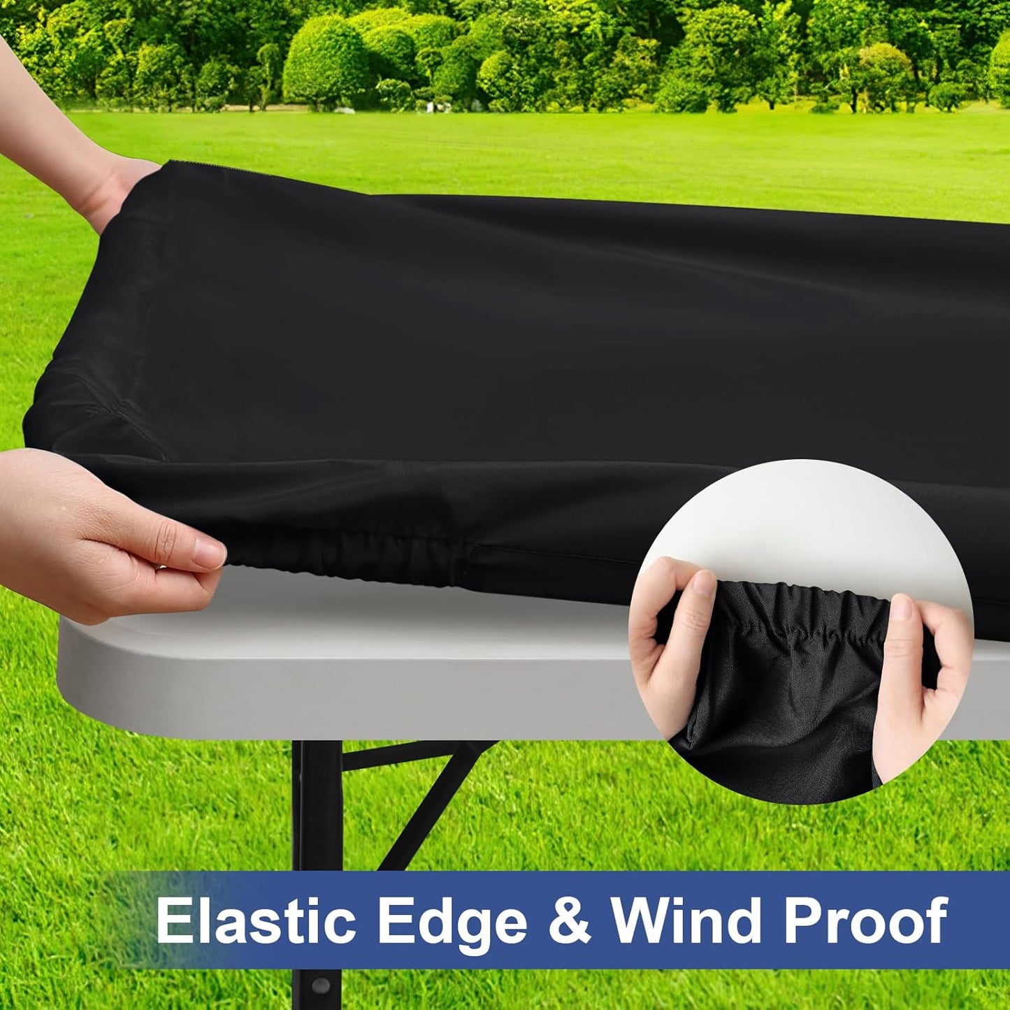 Rectangle Table Cloth Cover, Waterproof Polyester Elastic Fitted Tablecloth, Fits for 6 Foot Folding Tables, Washable Table Protector for Picnic, Camping, Outdoor (Black, 30" X 72")