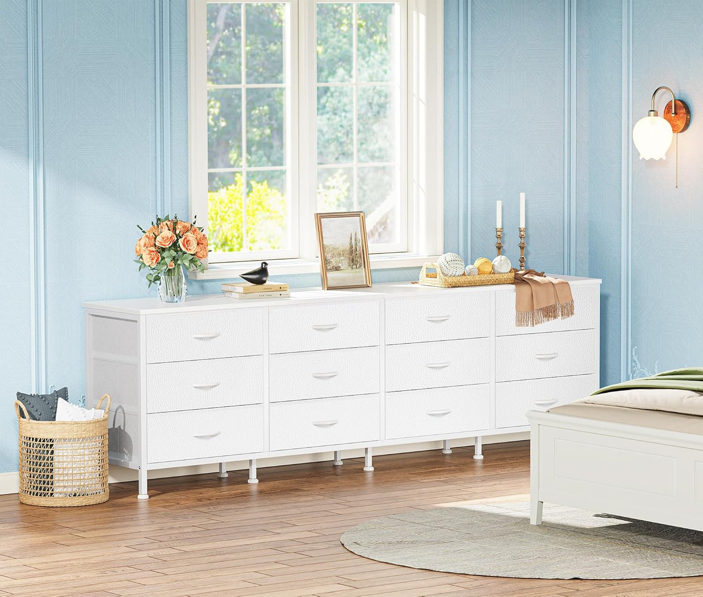 70-Inch Bedroom Dresser and TV Stand for 65-80 Inch TVs, Featuring 12 Fabric Drawers and Ample Storage, Ideal for Living Room, White Finish