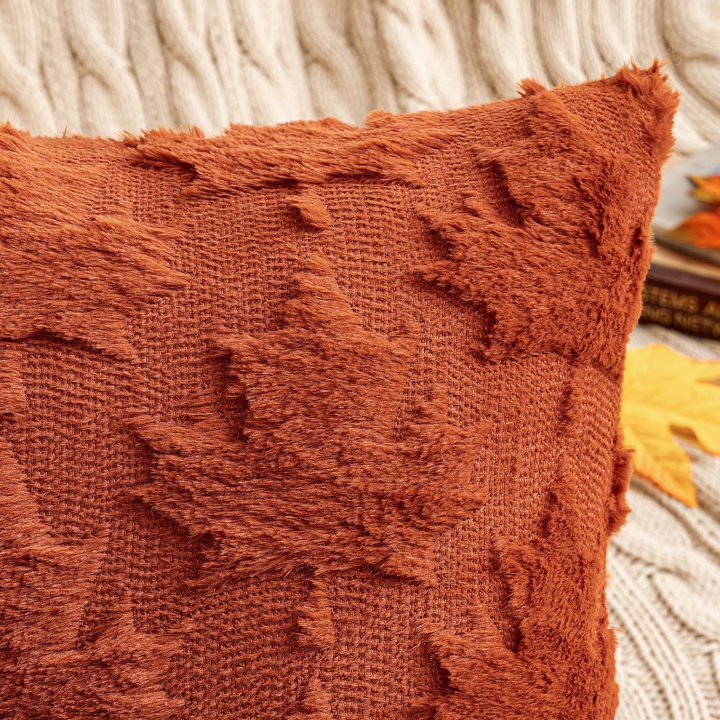 Fall Autumn Throw Pillow Covers 18X18 Burnt Orange Set of 2 Thanksgiving Decorative Solid Maple Leaf Accent Pillow Cases Soft Plush Faux Wool for Home Decor Holiday Outdoor Porch Bedroom