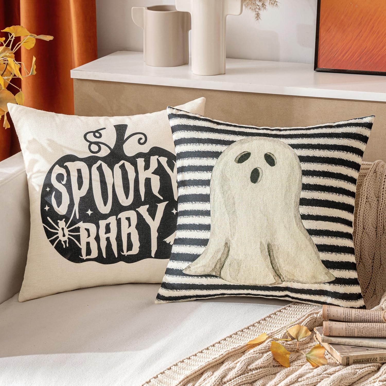 Halloween Pillow Covers 18X18 Inch Spooky Baby Cute Ghost Throw Pillow Covers Horror Scary Cushion Case for Sofa Couch Set of 4 Black