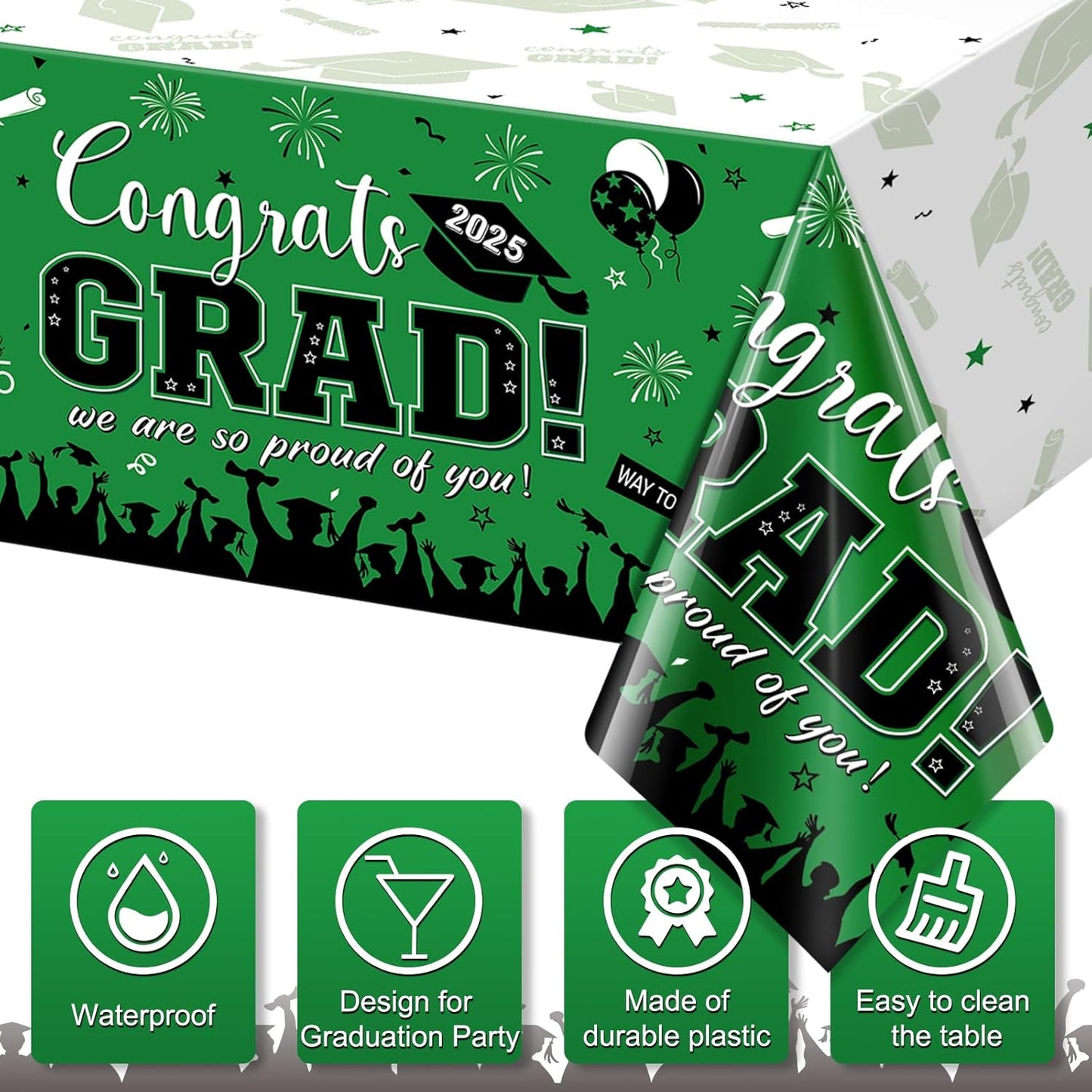 3 Pack Graduation Tablecloth Party Decorations, Class of 2025 Congrats Grad Plastic Tablecover Party Supplies, Green Rectangle Graduation Table Decorations for College High School Party, 54 X 108 Inch