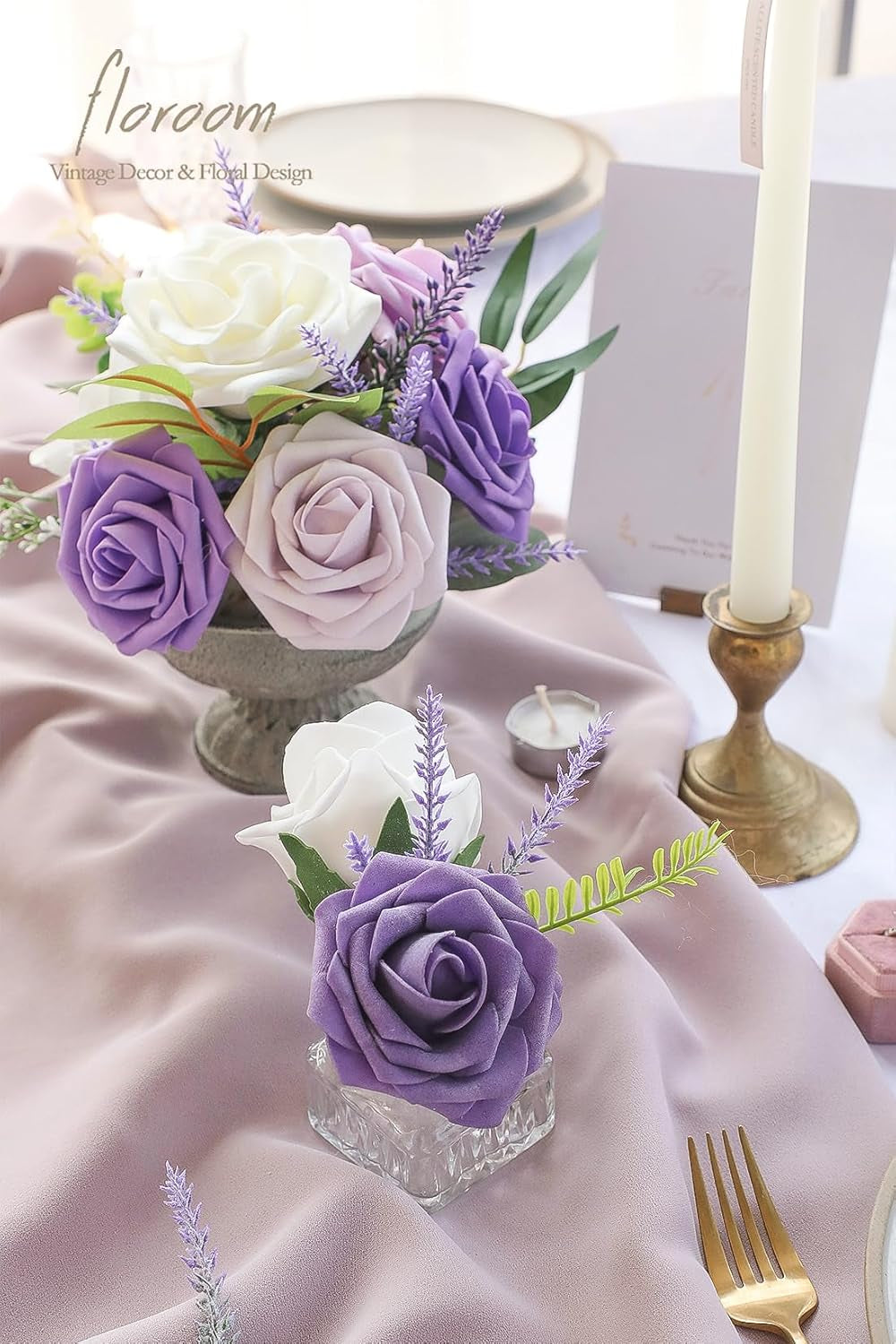 Artificial Purple Lavender - Set of 4 Flocked Faux Lilac Flowers for Wedding Bouquets, DIY Table Centerpieces, and Floral Arrangements