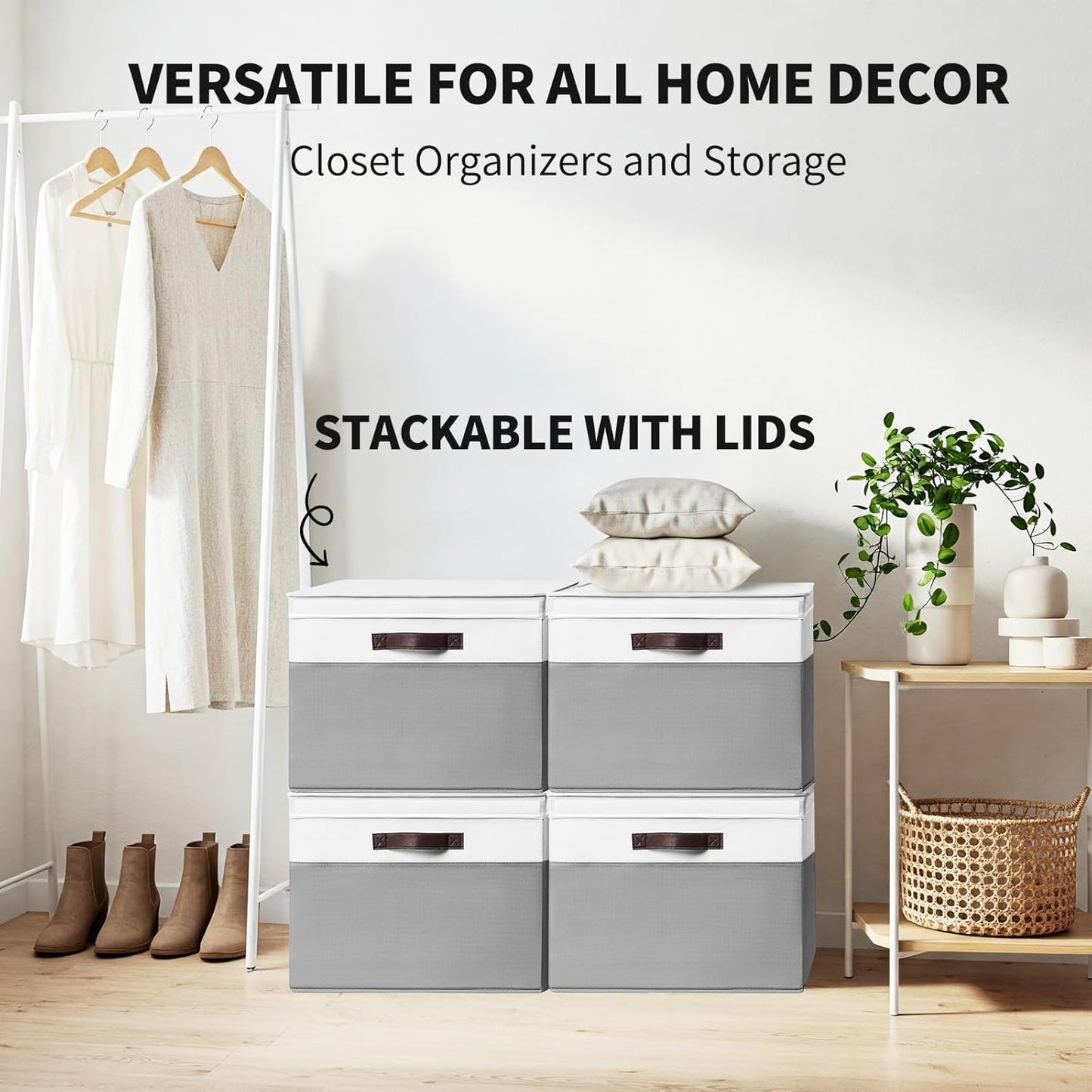 2 Pack EXTRA LARGE Blanket Storage Baskets with Lids, 22”X16”X12” Closet Organizers Bins for Clothes Towel/ Storage Box with Lid Handles/ Stackable Decorative Fabric Bins for Living Room, Nursery