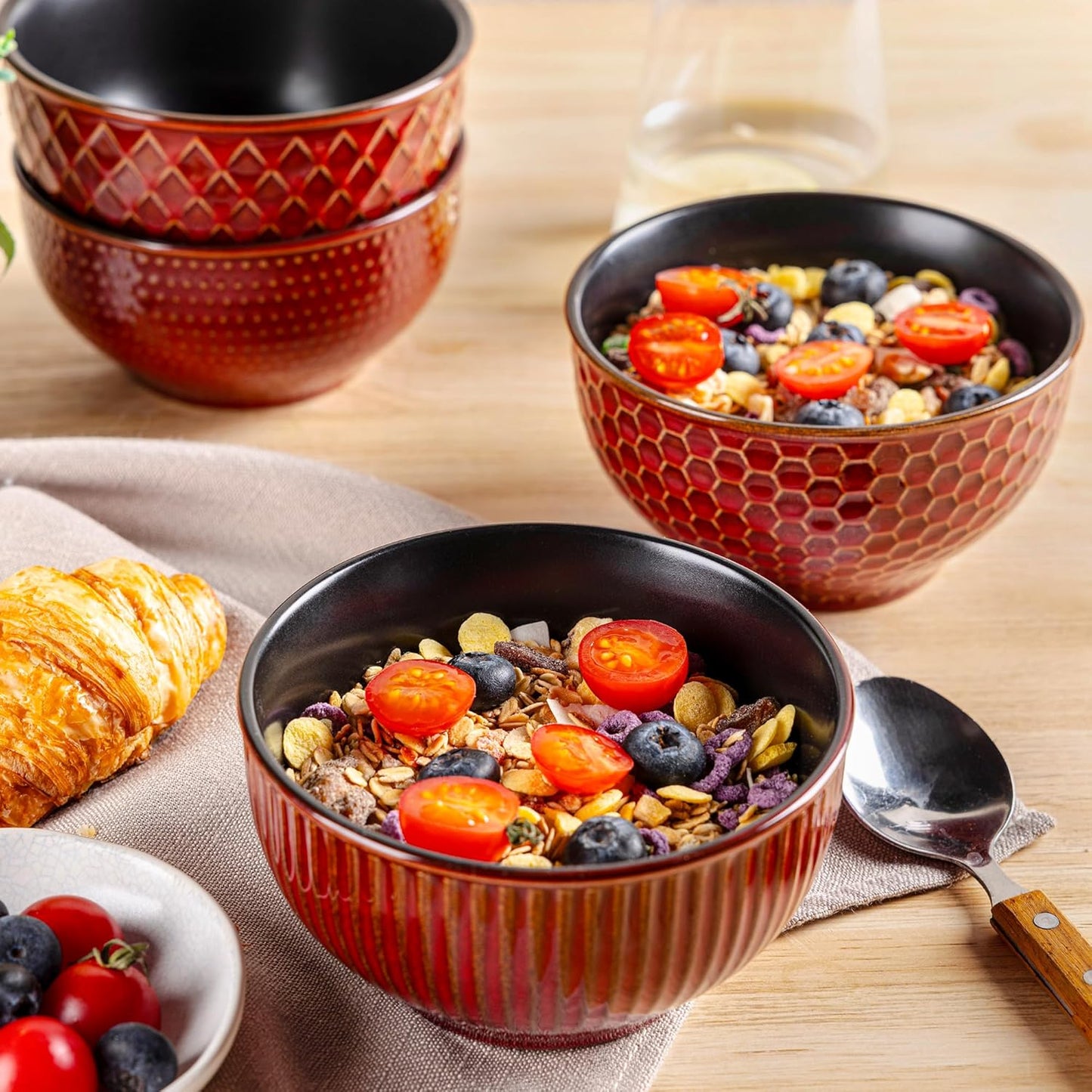 Set of 4 Textured Stoneware Cereal Bowls, 24 Oz Ceramic Soup Bowls Ideal for Soup, Oatmeal, and Snacks - Rythmic Red, Perfect for Weddings and Housewarming Gifts
