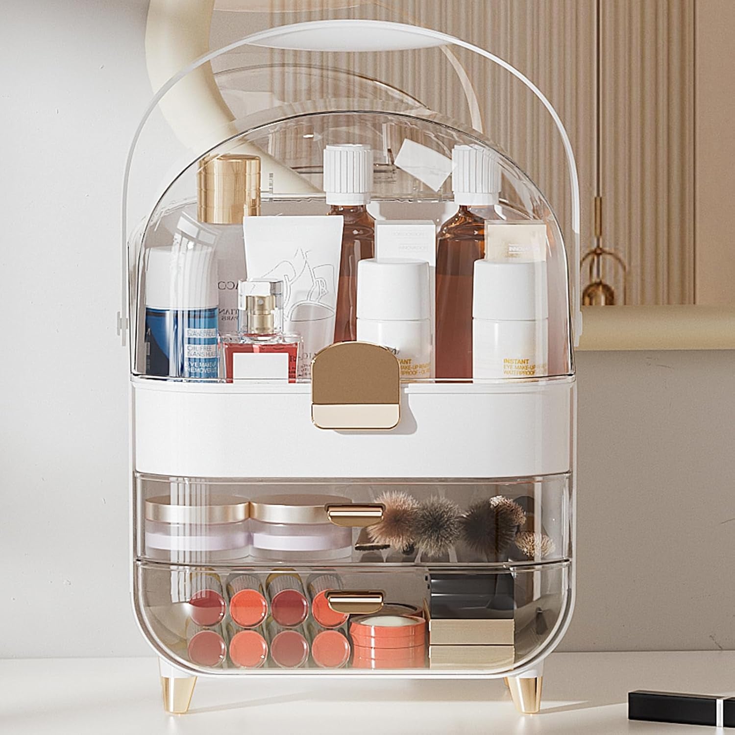 Makeup Organizer for Vanity, Skincare Organizer with Lid and Drawers, Bathroom Counter Organizer Perfume Makeup Storage, Large Cosmetic Display Case for Dresser, Bathroom Countertop, White