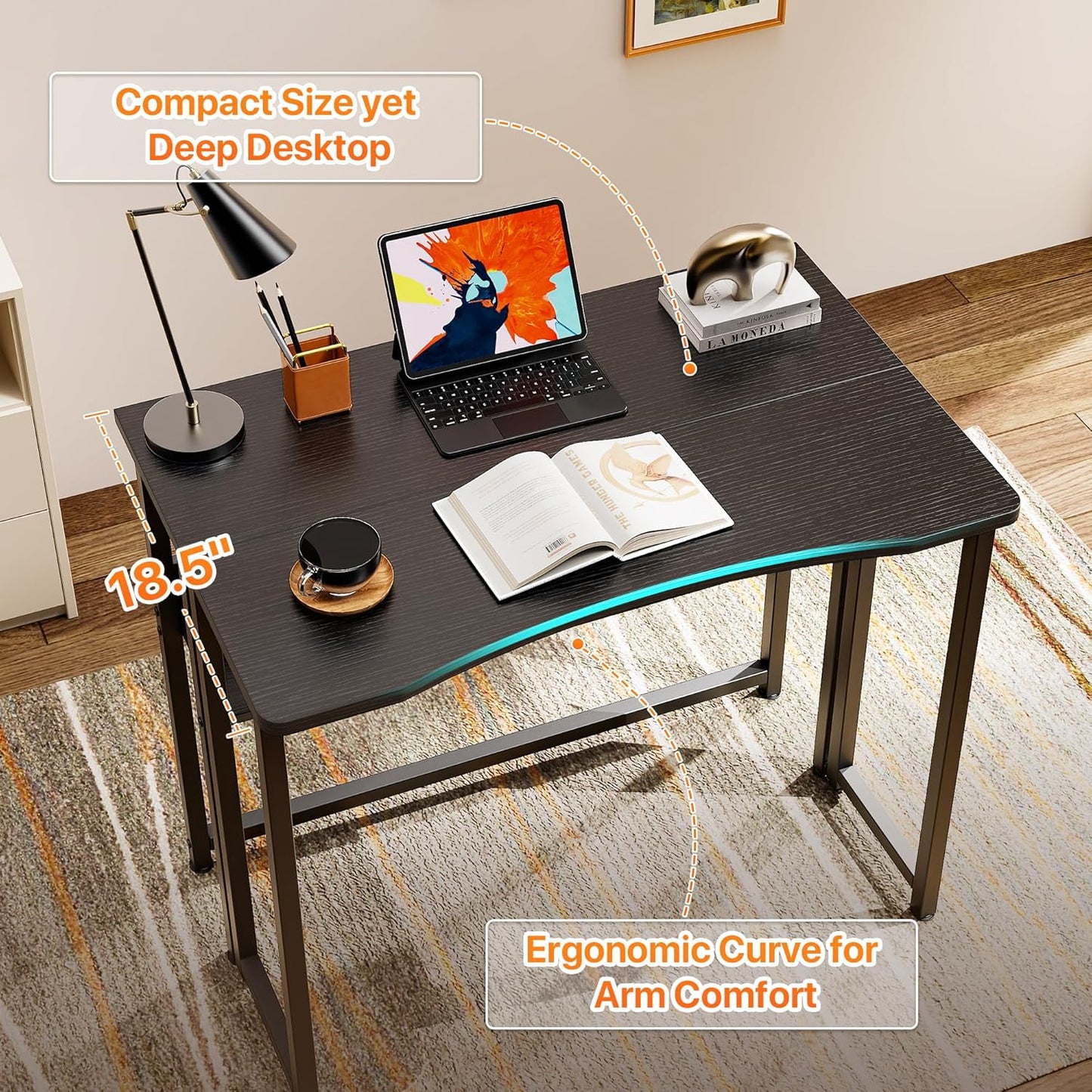 Folding Desk with Storage Shelf - 31.5 Inch Compact Computer Table for Small Spaces, Space-Saving Sofa Table, Ideal for Writing and Office Use, Easy to Fold, Black