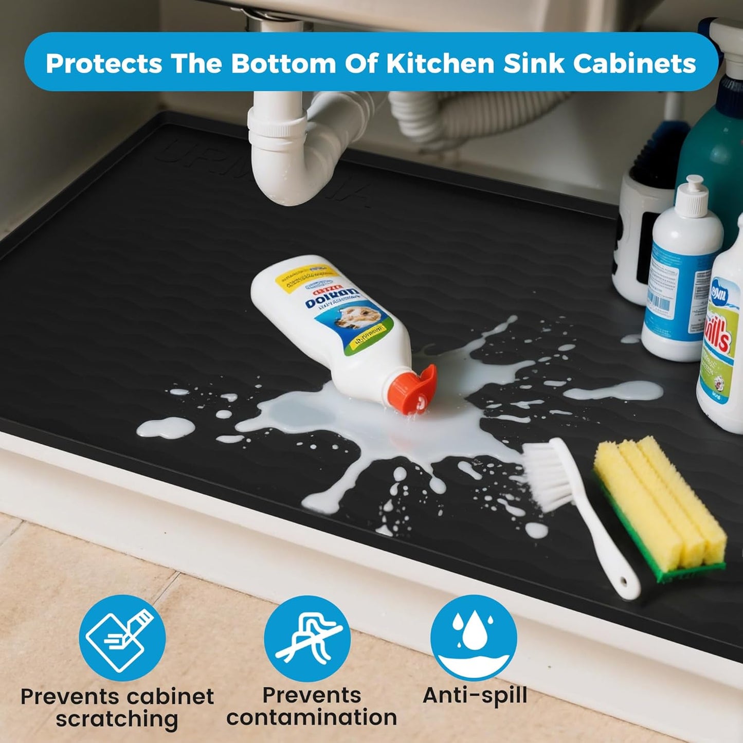 19'' X 19'' Waterproof Silicone under Sink Mat Cabinet and Counter Protector, Shelf Liner for Kitchen and Bathroom, Storage and Organizers, Litter Mat, Pet Cat Puppy Essentials(Black)