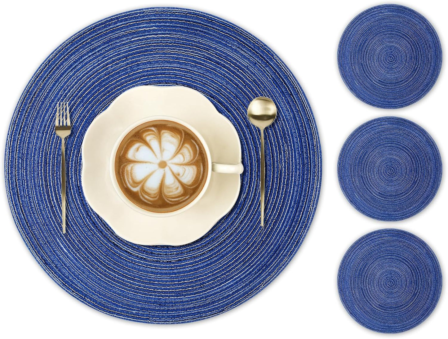 round Braided Placemats 15Inch, Placemats Set of 4 Non-Slip, round Placemats Heat Resistant, Woven Placemats for Kitchen Dining Tables-Dark Blue Color
