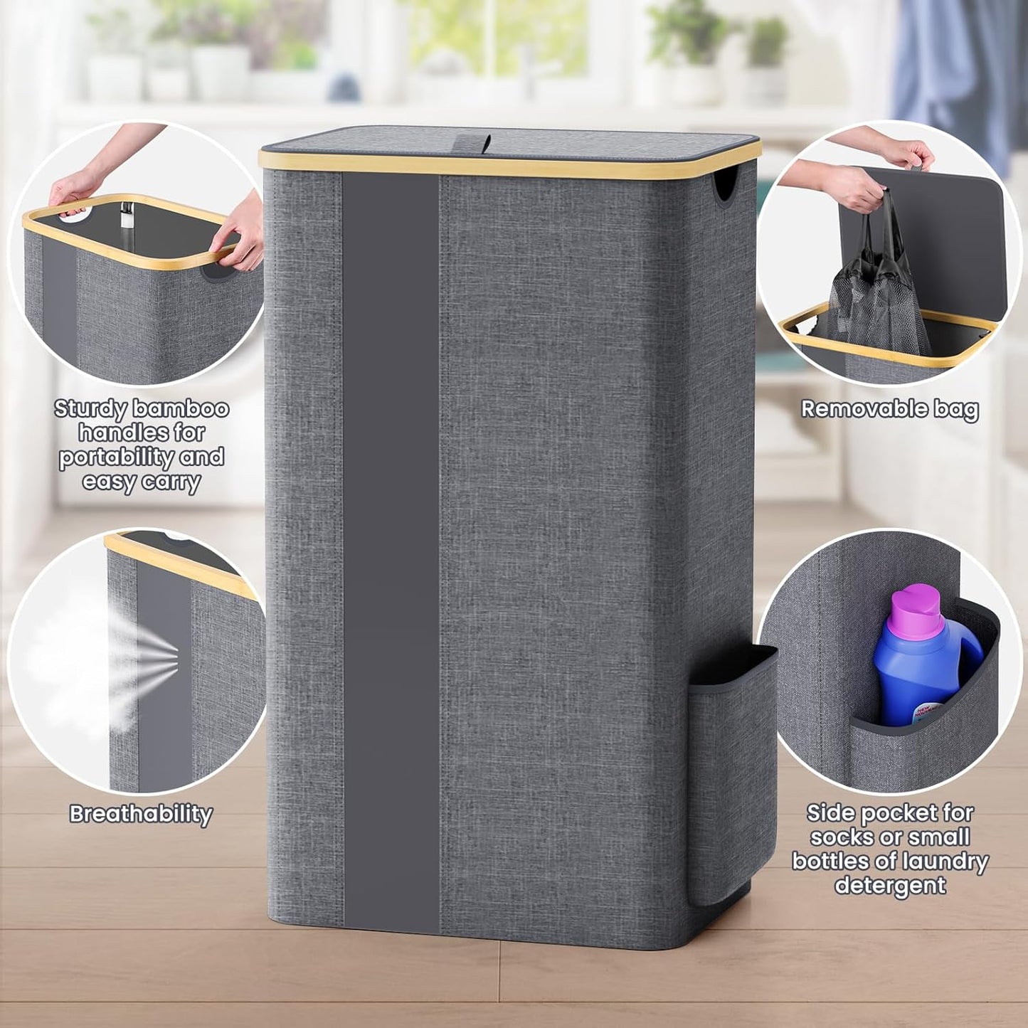 100L Laundry Basket with Lid, Removable Laundry Bag and Handles, Breathable Design Hamper for Bedroom, Bathroom, Dorm, and Laundry Room - Light Grey