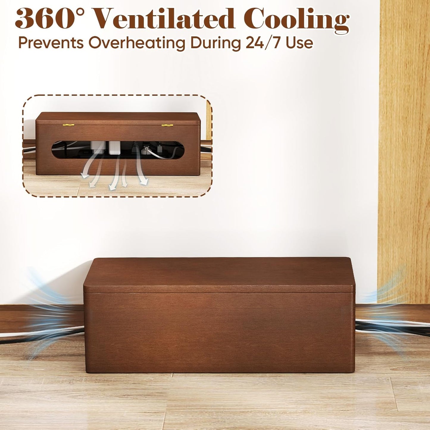 Cable Management Wooden Box with Magnetic Lid, Duty Cord Organizer Power Strip Hider Cover with Ventilation for Desk, Floor, Home Office, Baby-Pets Safe Storage Solution
