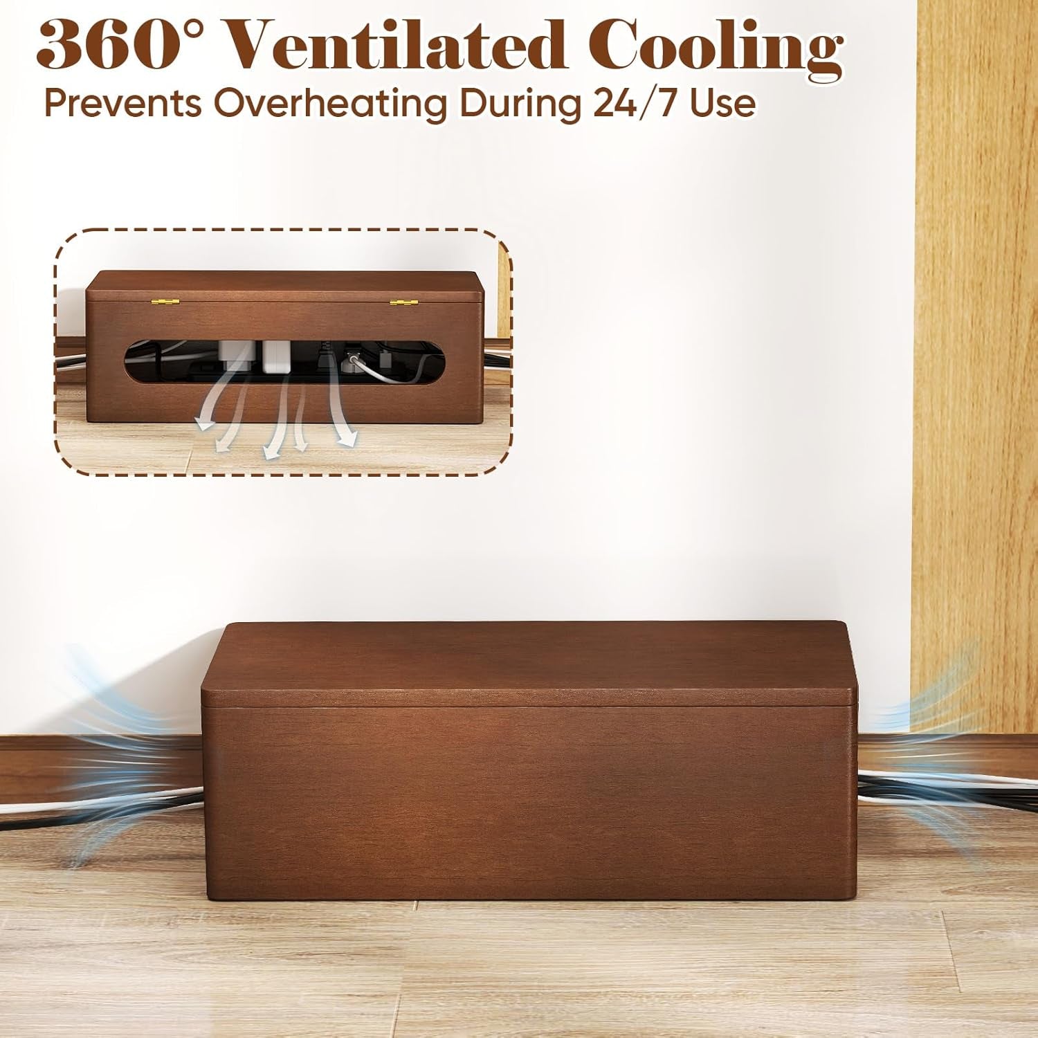 Cable Management Wooden Box with Magnetic Lid, Duty Cord Organizer Power Strip Hider Cover with Ventilation for Desk, Floor, Home Office, Baby-Pets Safe Storage Solution