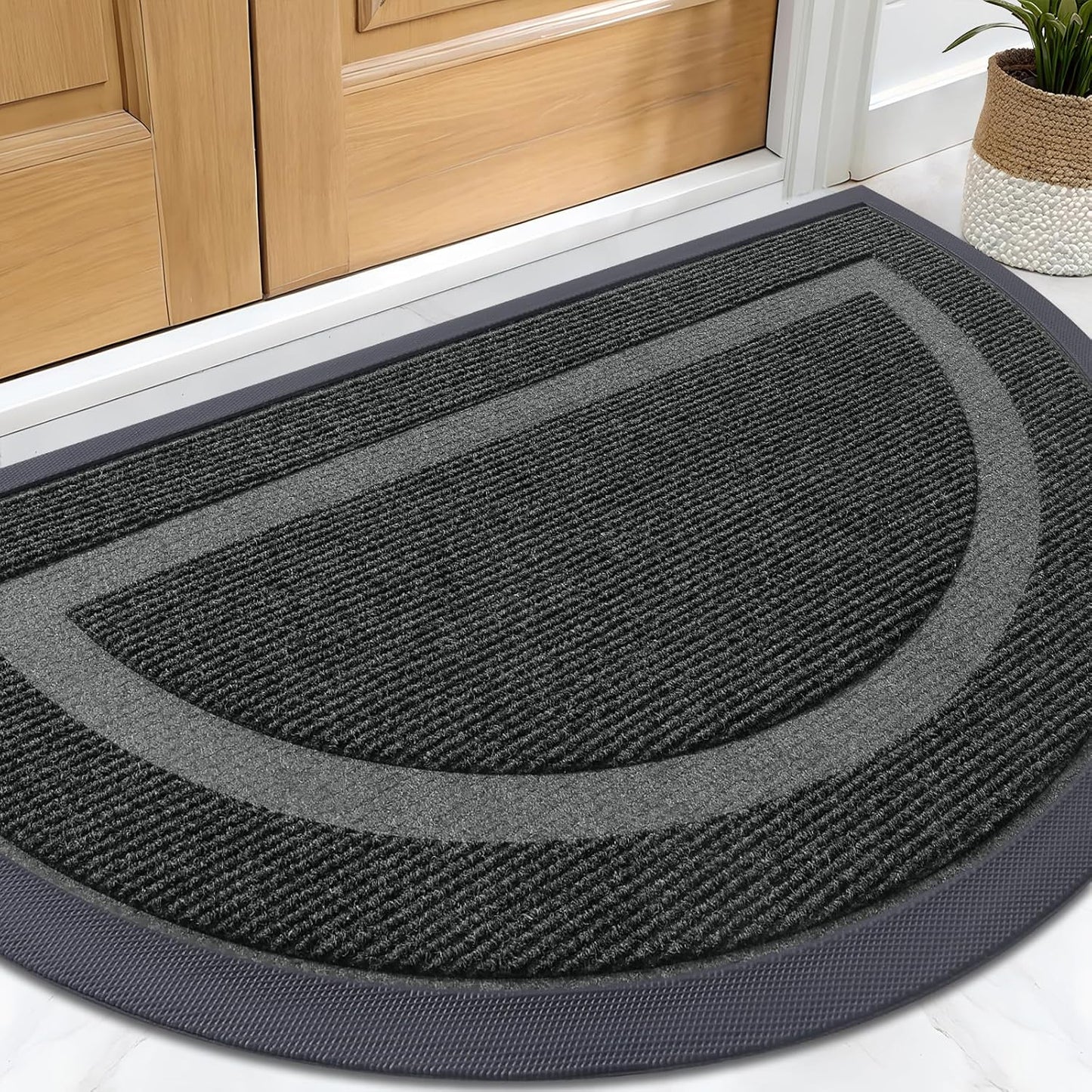 Half Circle Door Mat Indoor Outdoor Entrance Welcome, Waterproof All-Season, All-Weather Doormat, Sturdy Natural Rubber, Low Profile, Easy Clean Patio Porch Entryway Mat, 29.5X17, Black