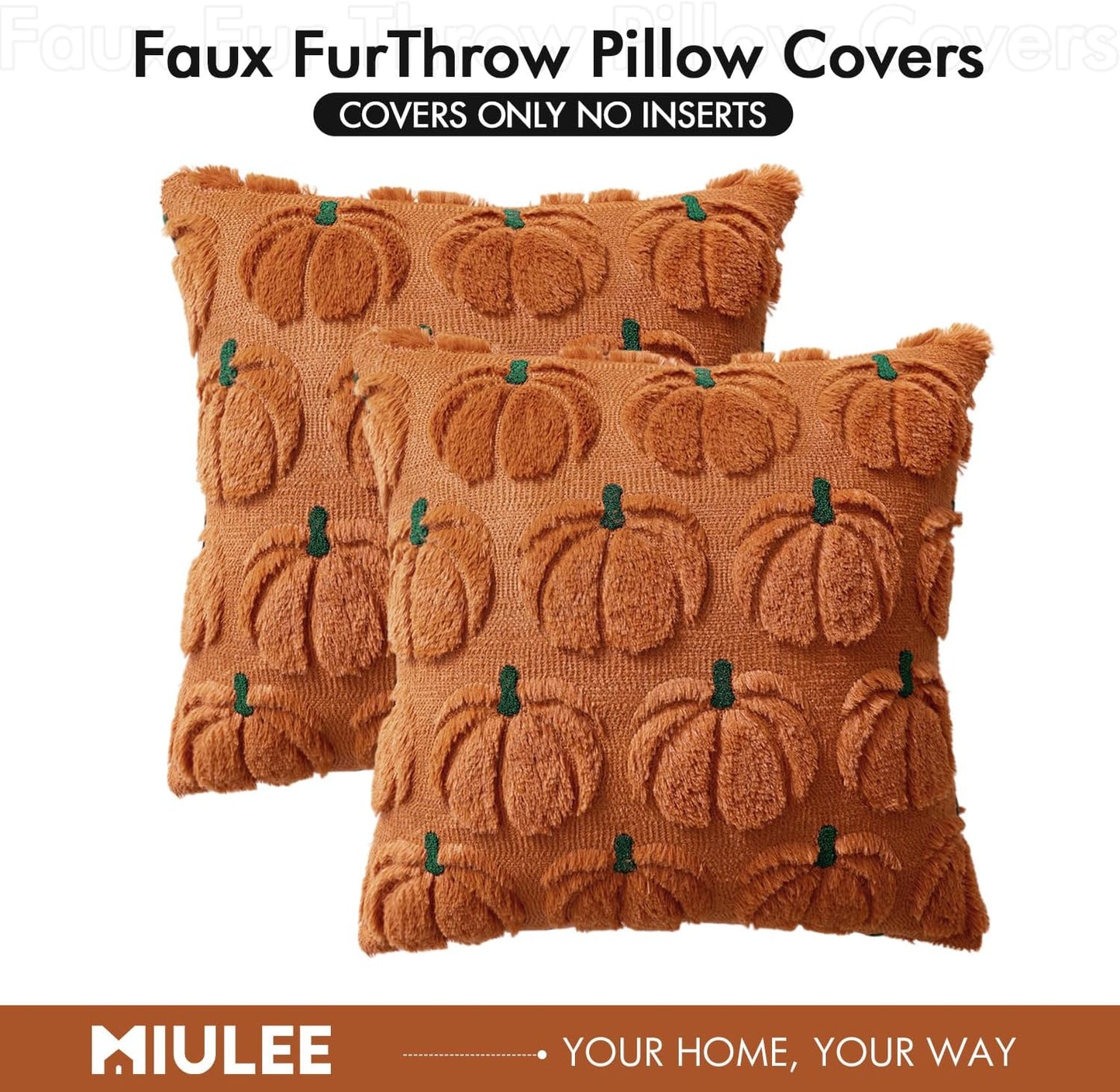 Fall Pumpkin Throw Pillow Covers Decor Set of 2 Dark Rust Green Stem 18 X 18 Decorative Cushion Covers Soft Faux Fur Couch Pillows for Autumn Harvest Outdoor Porch Farmhouse Halloween Home